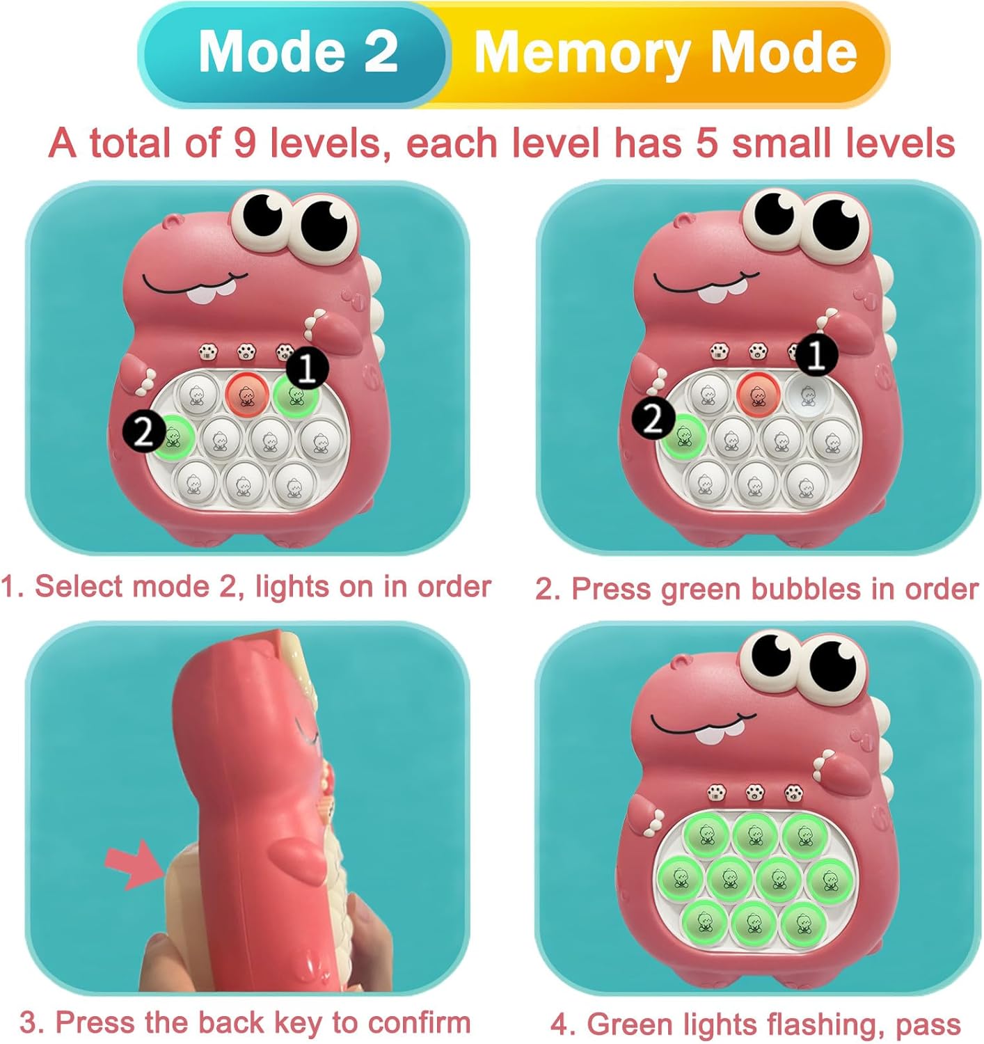 Pop Quick Push Game Light Up Fidget Toys Handheld Puzzle Press Popping Game Console for Kids Ages 3+ Adult Pink Dinosaur