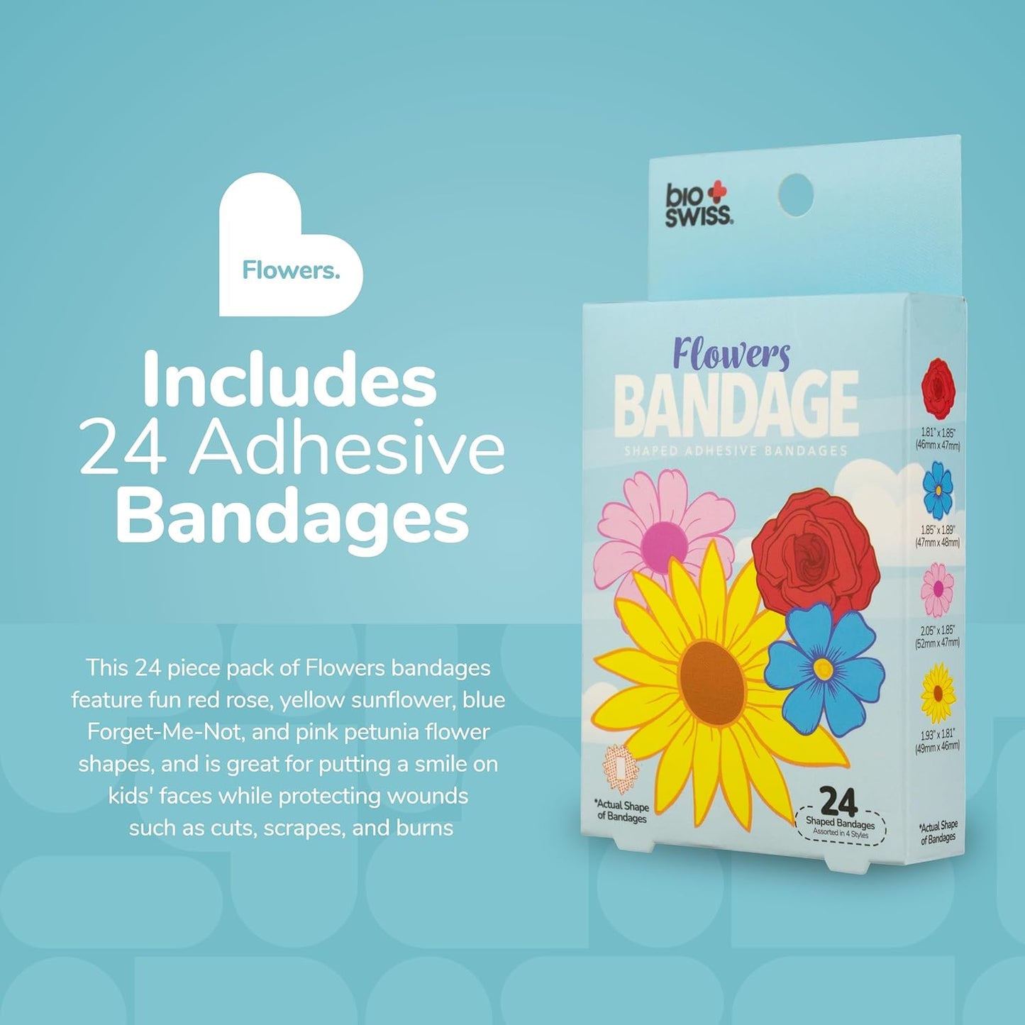 BioSwiss Bandages, Flowers Shaped Self Adhesive Bandage, Latex Free Sterile Wound Care, Fun First Aid Kit Supplies for Kids and Adults, 24 Count