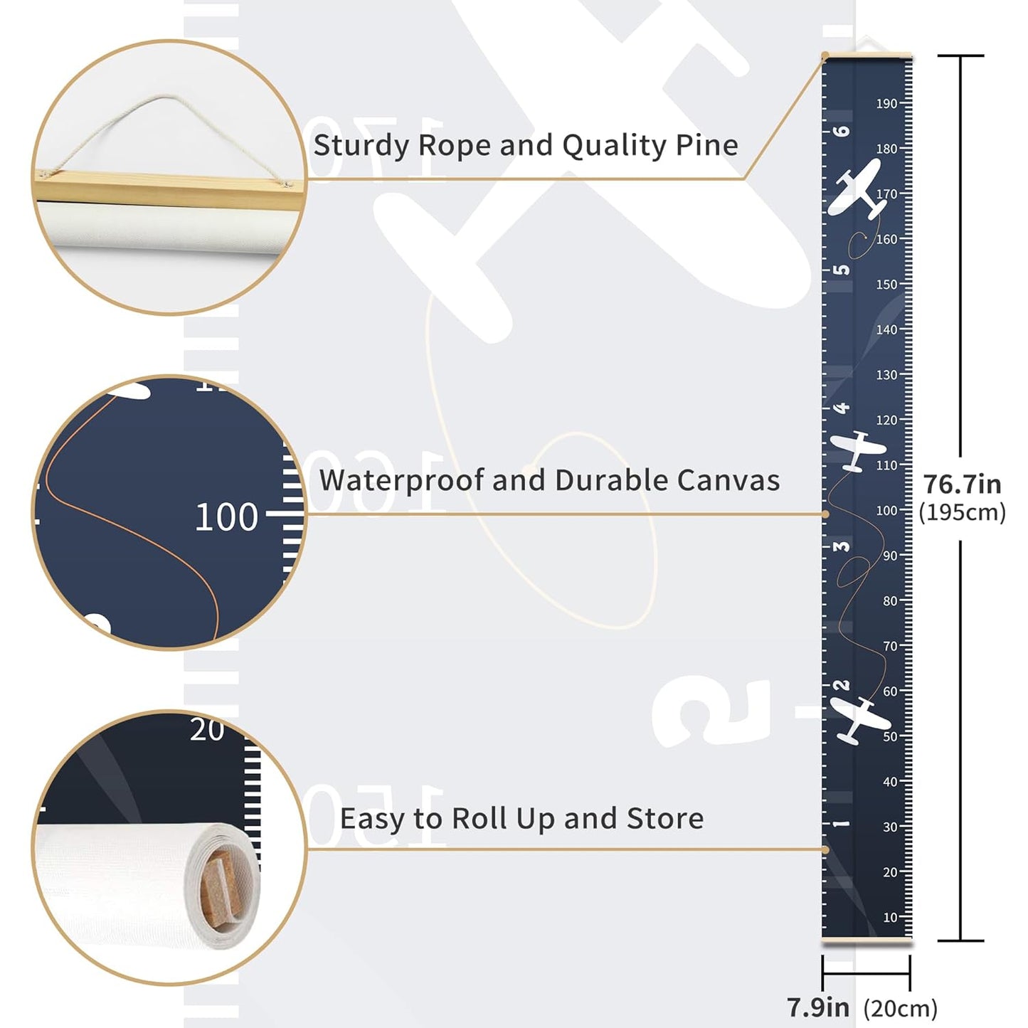 Growth Chart for Kids Height Measurement Ruler for Child Growing Blue Plane Wall Tracker Measuring Stick Maker Toddler Bedroom Nursery Room Decor