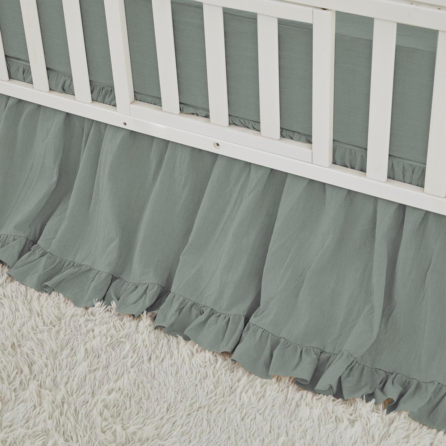 Brandream Gender Neutral Boho Bohemian Baby Girl Boy Nursery 3 Pieces Crib Bedding Set Solid Green Farmhouse Chic Ruffle Unisex Cozy 100% Washed Cotton
