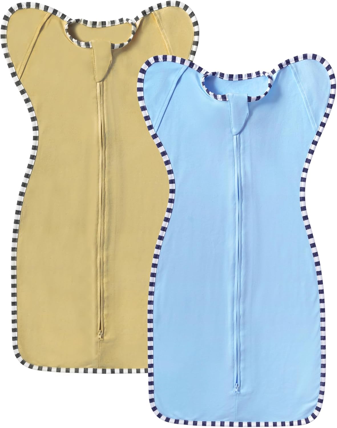 Transition Swaddle, 2 Pack 100% Cotton Baby Sleep Sack, 2-Way Zipper Infant Arm Up Swaddle for Newborn Baby Boys Girls (Khaki + Sky Blue, M(3-6 Months))