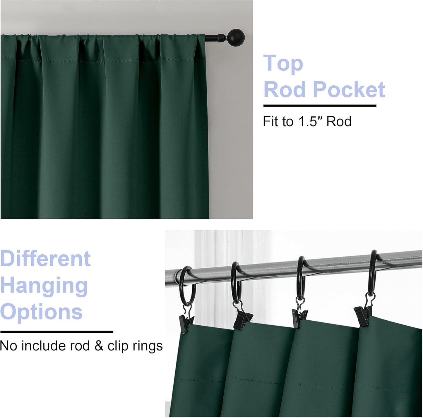 Simplebrand Ava Ever Green Blackout Curtains for Bedroom 72 Inch Length 2 Panels Set, Thermal Insulated Rod Pocket Door Window Curtains for Patio French Door Front Door, W40 x L72 Inch, Ever Green