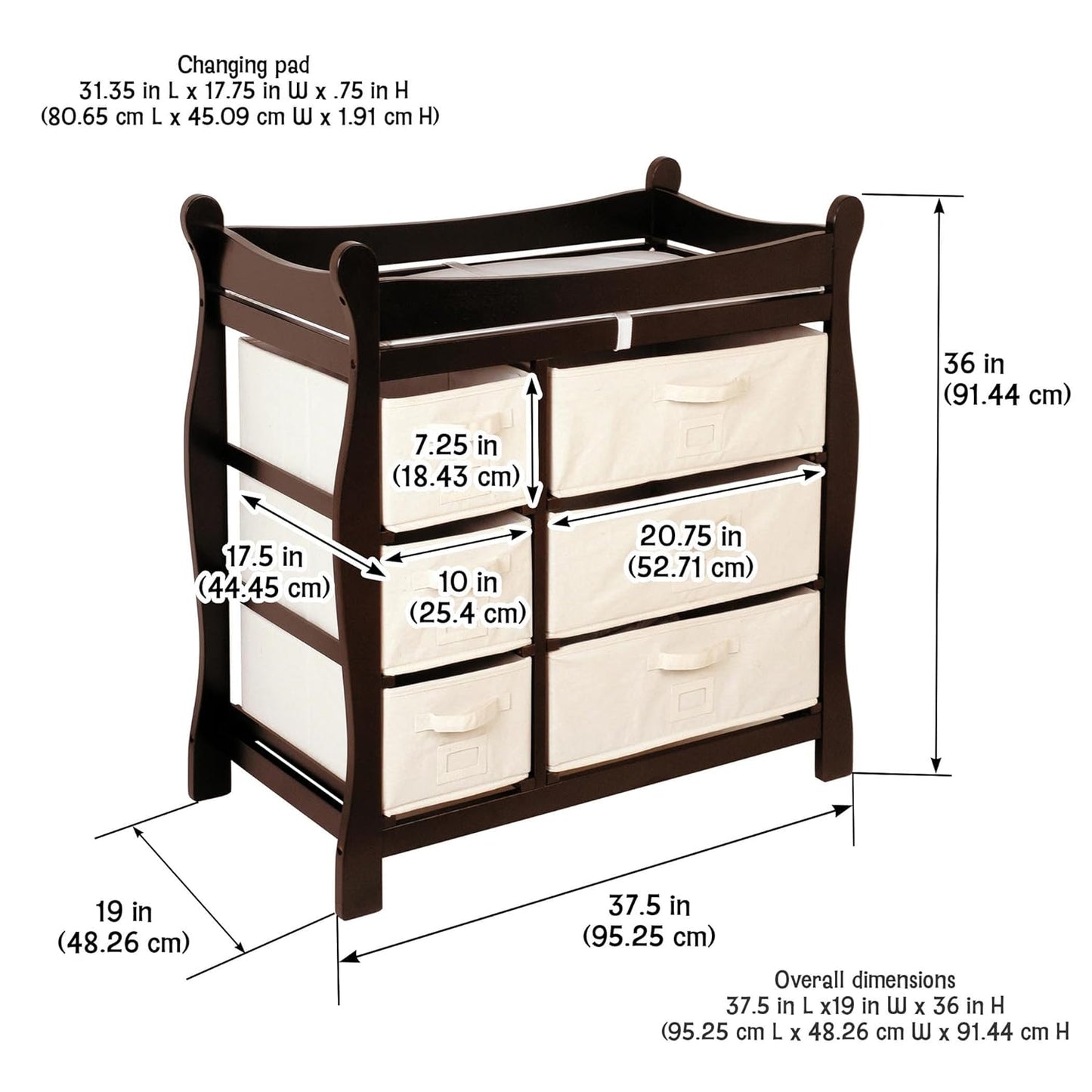 Badger Basket Sleigh Style Baby Changing Table - Diaper Station with 6 Removable Storage Baskets, Safety Rails, Pad, and Belt - Nursery Organizer - Espresso