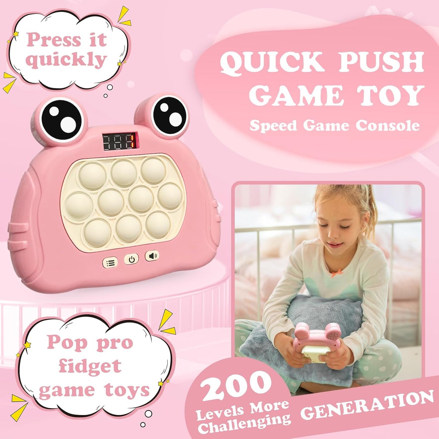 Pop Fidget Toys, Quick Push Pop Pro Light Up Game, Bubble Pop Fidget Game Controller Handheld Travel Game Toys for Kids 3-12 Years Old Stress Relief Decompression Push Puzzle Game Console Toys