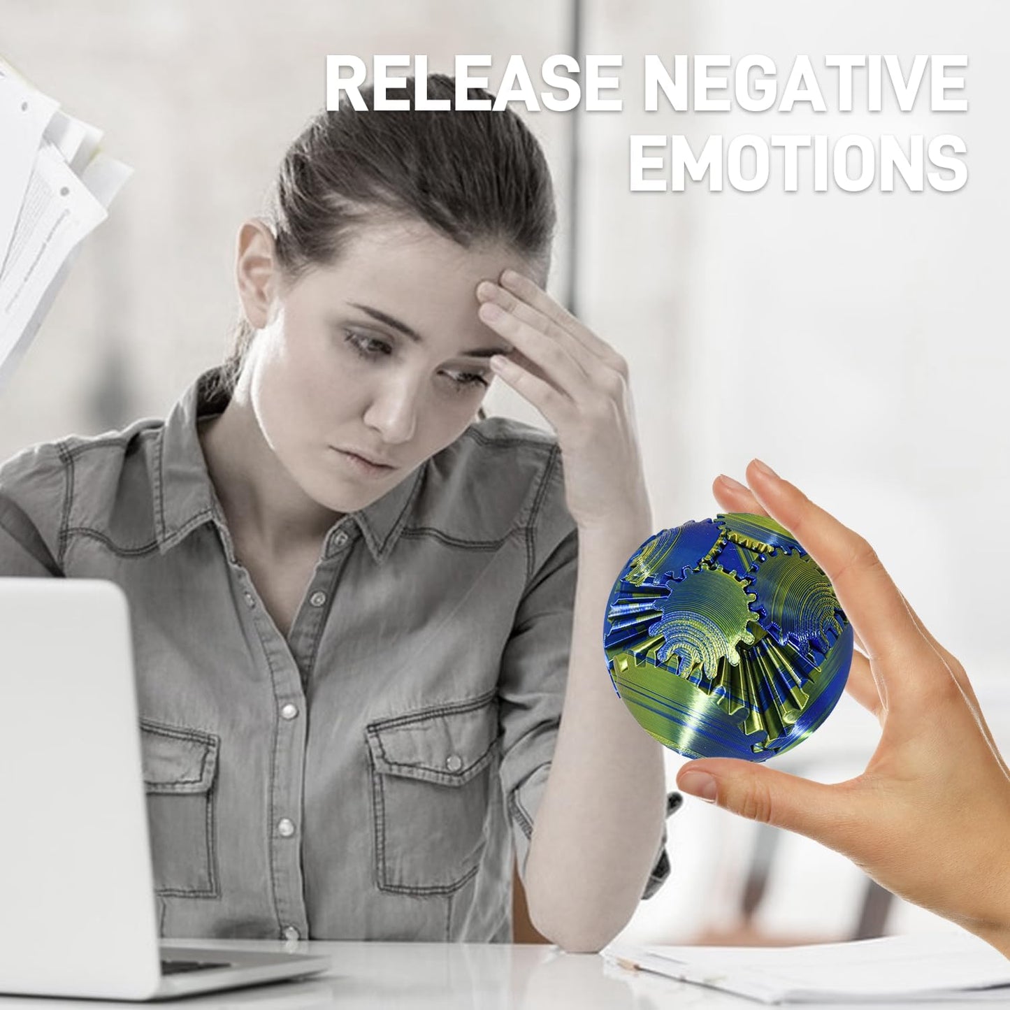 Gear Ball 3D Printed Gear Ball Fidget Toy, Spin Ball or Cube Fidget Toy ,Stress Ball Gear Sphere Desk Toy for Stress Anxiety (Blue+Yellow)