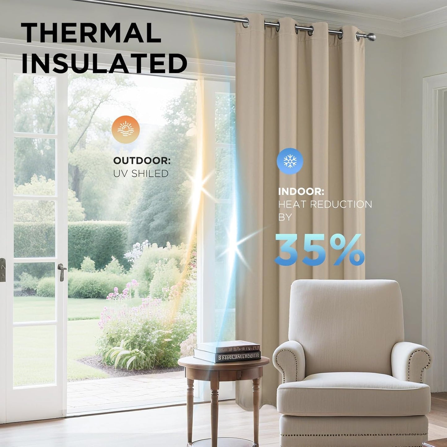 Joydeco Blackout Curtains 108 Inches Long 1 Panel, Thermal Insulated Long Curtains& Drapes 1 Piece, Room Darkening Grommet Drapes for Living Room Bedroom Window (W70 x L108 Inch, Light Beige)