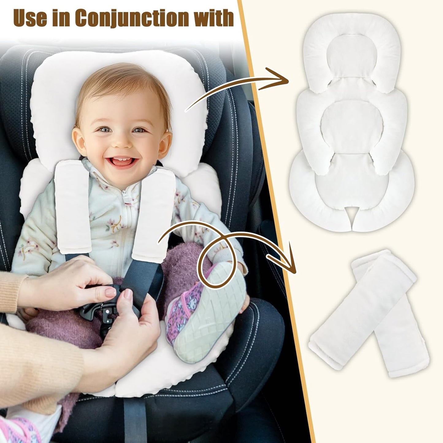 GFU Infant Car Seat Insert Head and Body Support, Reversible Newborn Insert for Carseat with Strap Pads, Soft Stroller Cushion Pillow Insert for Boys and Girls, Fits for Stroller, Swing, White