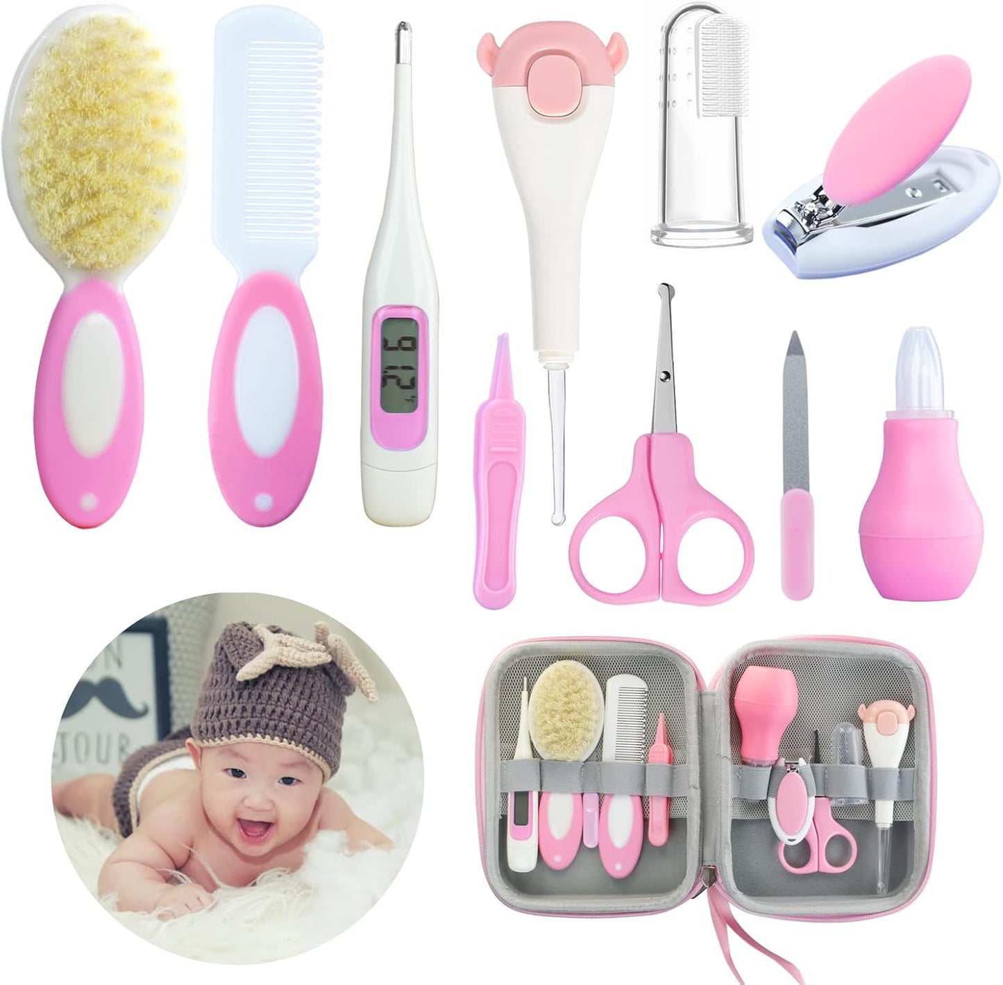 Baby Care Kits,Baby Grooming Kit,10 in 1 Newborn Essentials Must Haves,Baby Nail Clippers Baby Brush Baby Comb Earpick Nose Cleaning Tool Baby Nail File Nursing Baby Kit （Pink）