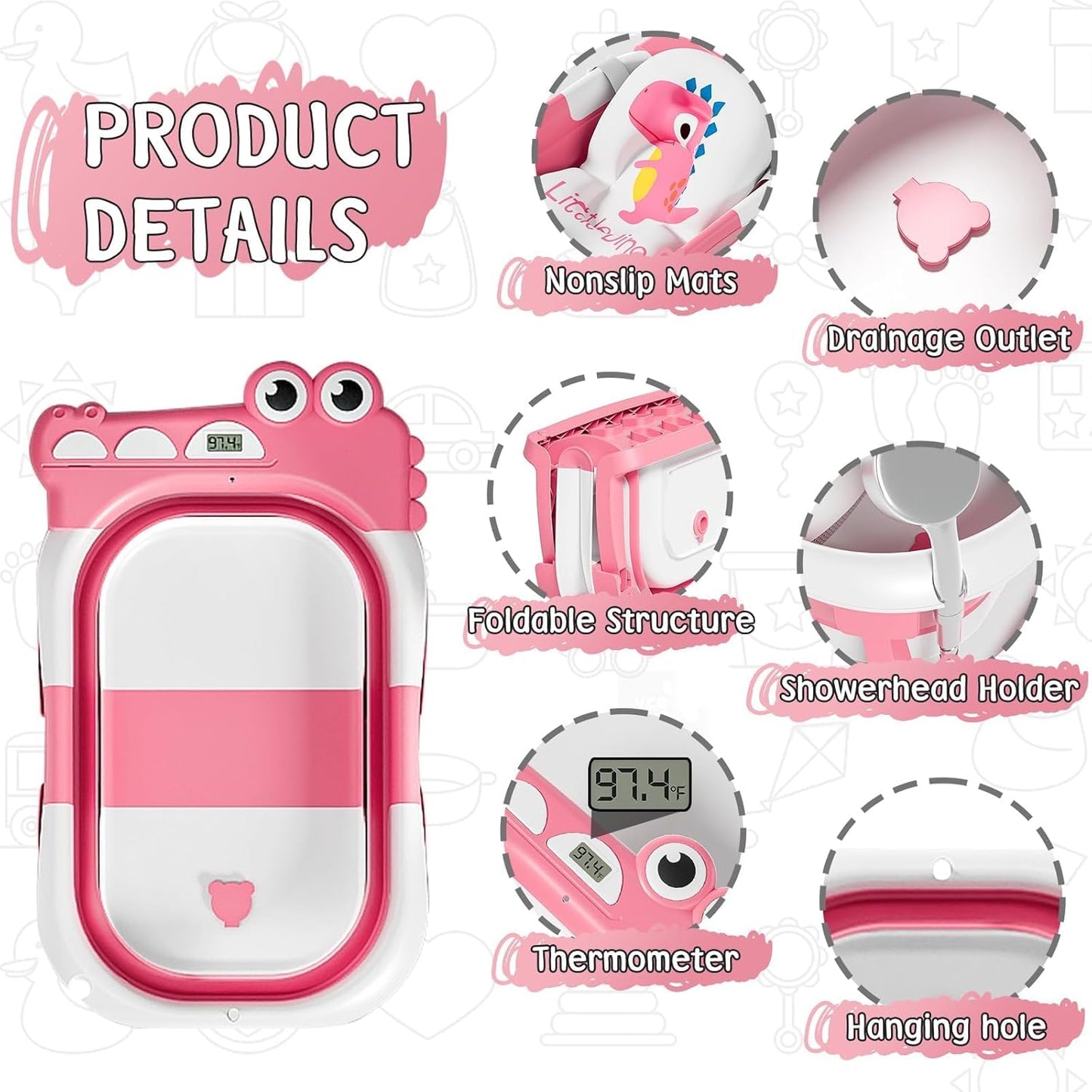 MoreFeel Collapsible Baby Bathtub for Newborn with Thermometer & 1 Hooded Towel & 1 Soft Floating Cushion,Portable Travel Bathtub with Drain Hole, Durable Foldable Baby Tubs for Infants to Toddler