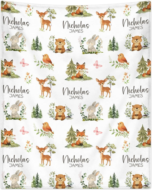 Personalized Baby Blanket for Boys Girls Super Soft Cozy Custom Baby Blanket with Name Lovely Woodland Animal Design Bed Throw for Toddler Newborn 30 x 40 Inch Customized Baby Gifts