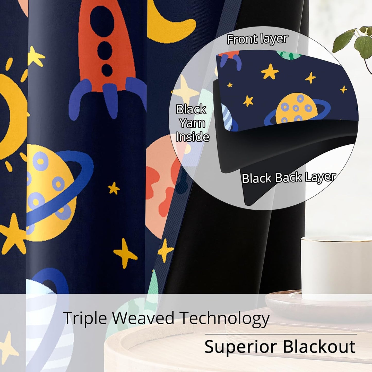 Kids Space Rockets Blackout Curtains - 100% Blackout, Thermal Insulated, Noise Reducing, Perfect for Kids Room and Nursery, 2 Panels (Color Pop Rockets, W52×L84)