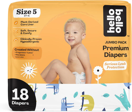 Hello Bello Premium Baby Diapers Size 5, 18 Count of Disposable, Extra-Absorbent, Hypoallergenic Baby Diapers with Snug and Comfort Fit, Sleepy Sloth