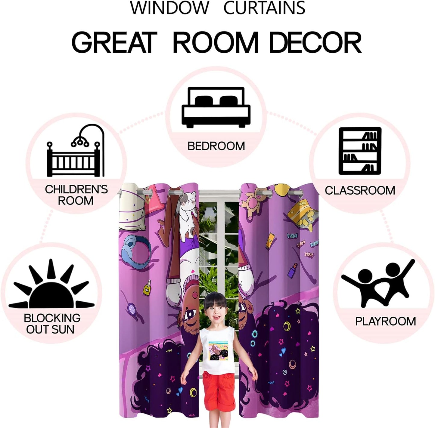 Black Girl Blackout Curtains 2 Panels 63" Inch Drapes for Kids Nursery Bedroom Purple Girls Blackout Curtains Cute Girls Themed Grommet Top Thermal Insulated Curtains for Nursery, 82" x 63"