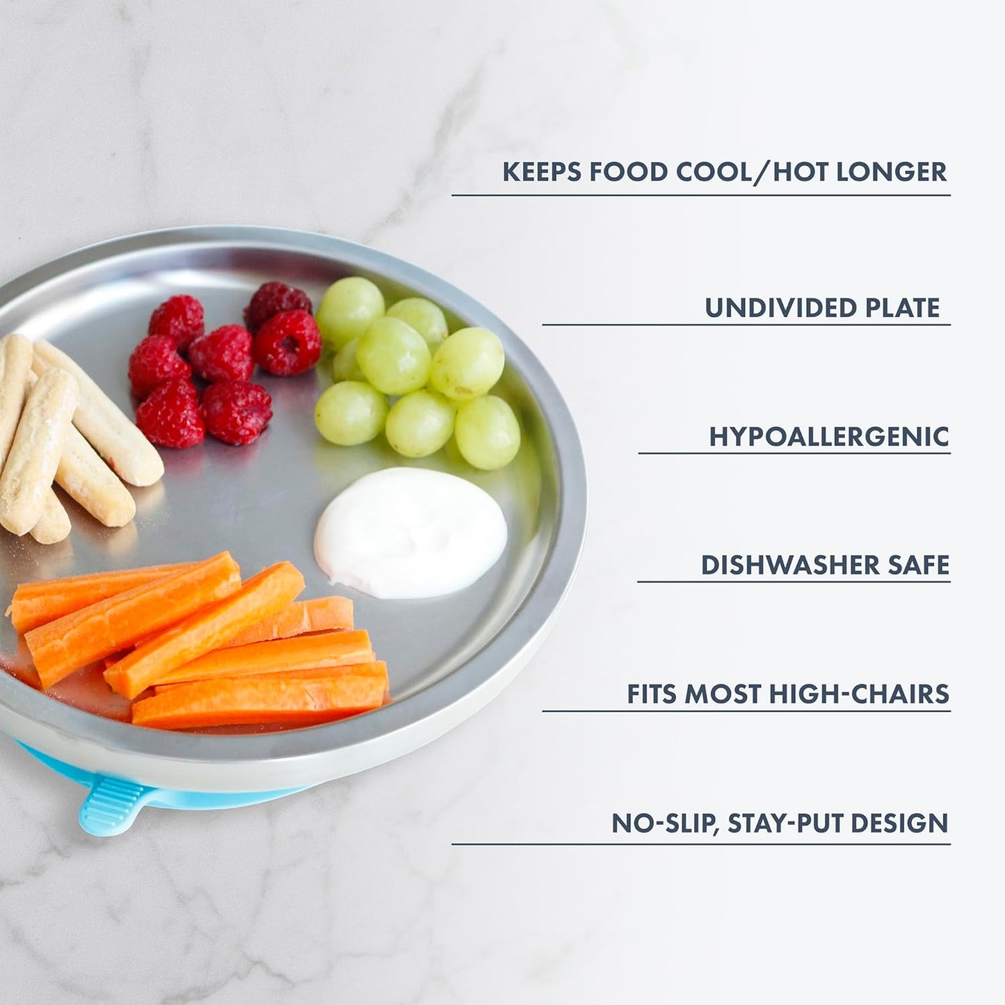 Avanchy Open Baby Plates with Suction – Stainless Steel Divided Plates for Toddlers, BPA-Free, Dishwasher Safe, Unbreakable, Non-Toxic, 100% Silicone Suction – White