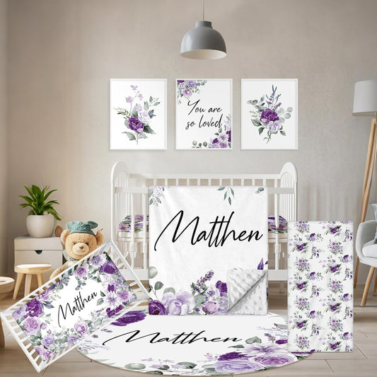 Personalized Baby Bedding Set - 5 Pcs Custom Toddlers Bedding Set with Infant Name - Soft Double Layer Nursery Crib Set for Girls Boys - Customized Infant Gifts for Baby Shower - Purple Flowers