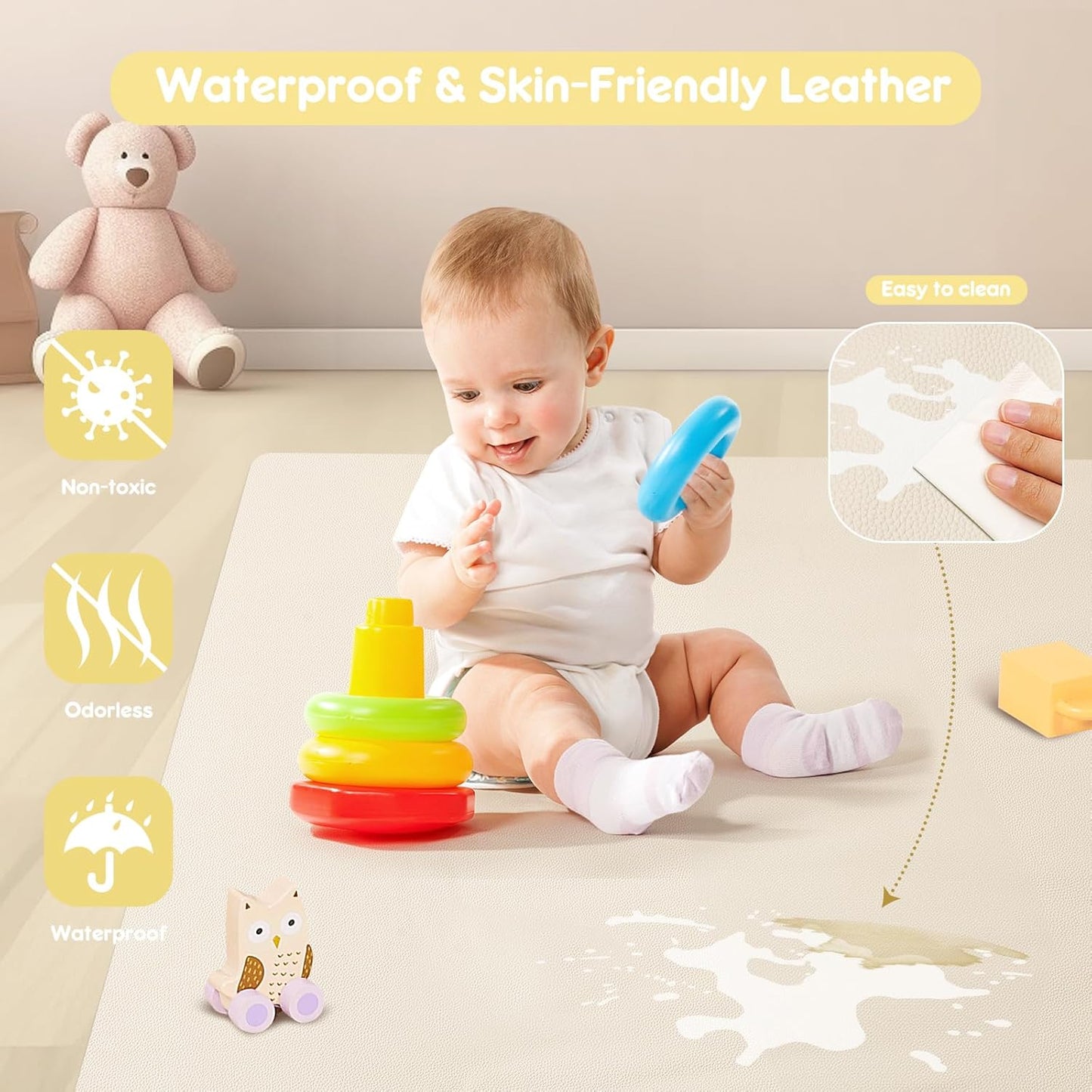 Padded Baby Play Mat, Super Soft Vegan Leather Floor Mat for Baby Girls and Boys, 48x48 Non-Slip Thick Foam Cushioned Play Mat for Babies 6-12 Months, Fits Nicely Into 50x50 Playpen Mat, Beige