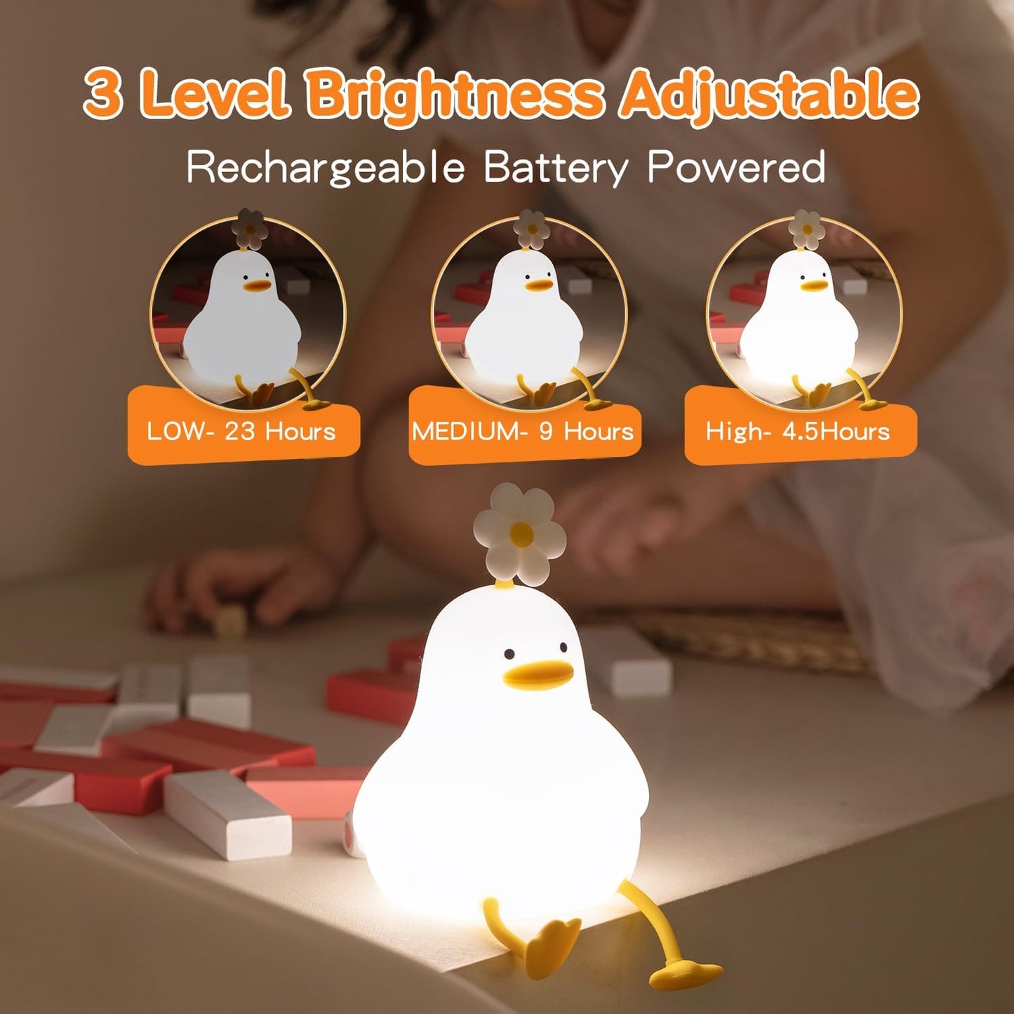 Cute Duck Night Light for Baby, Kids, Toddler, Ambient Nursery Nightlight, Soothing Lamp 3 Level Dimmable, Sleeping Accompanion for Bedroom Bedside, Rechargeable Battery, 30 Min Timer Off