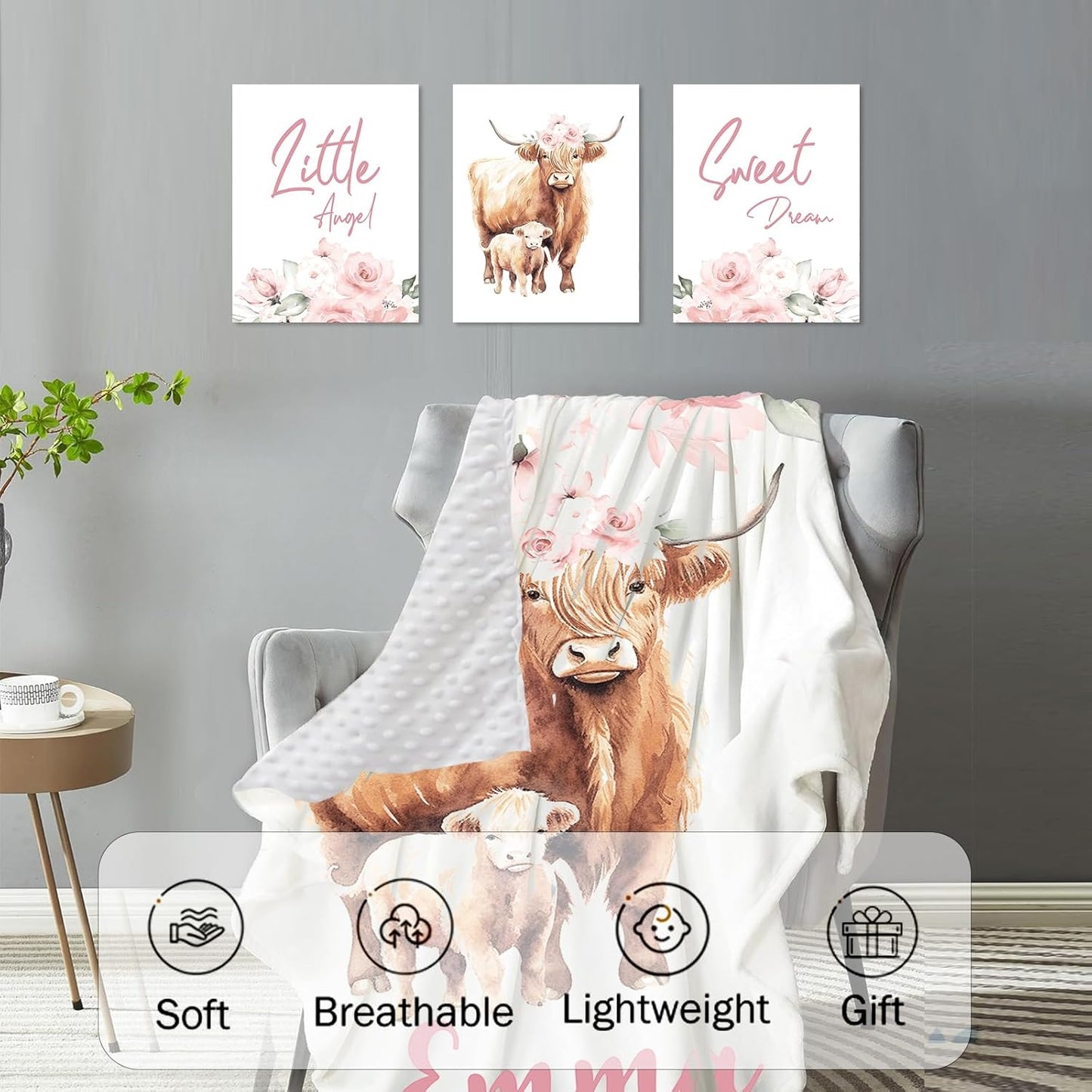 Personalized Baby Crib Bedding Set for Baby Girls, Pink Highland Cow Pattern Custom Name Baby Crib Sets 5-Pcs, Toddler Double Layer Blanket Fitted Sheets Changing Pad Cover Rug Wall Art Set