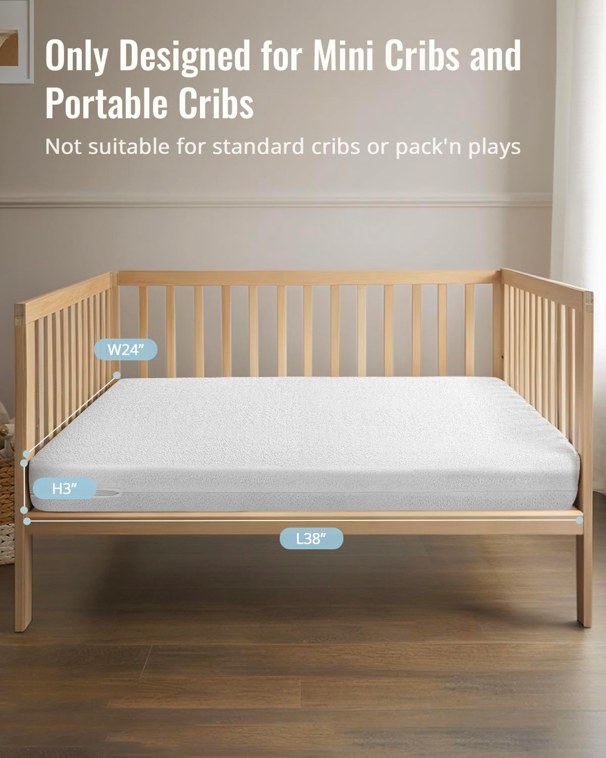 Mini Crib Mattress, 2-Stage Dual Firmness with High Density Support Foam and Cooling Gel Memory Form, 38 x 24inch Mini Mattress for Crib with Ultra-Soft Jacquard Cover, Washable, White