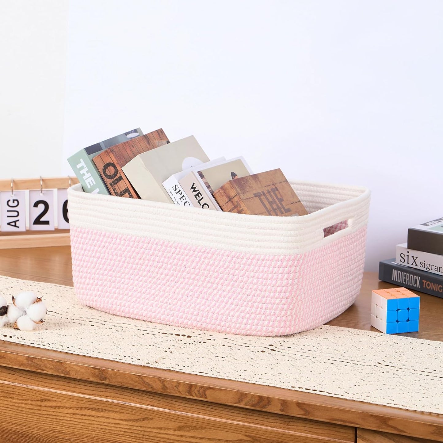 Large Storage Baskets for Organizing, Closet Shelf Baskets for Clothes Blanket Towels, Baby Nursery, Toy Bins Box, Woven Rope Baskets, 17 x 13 x 7.5”, 4 Packs Woven Pink