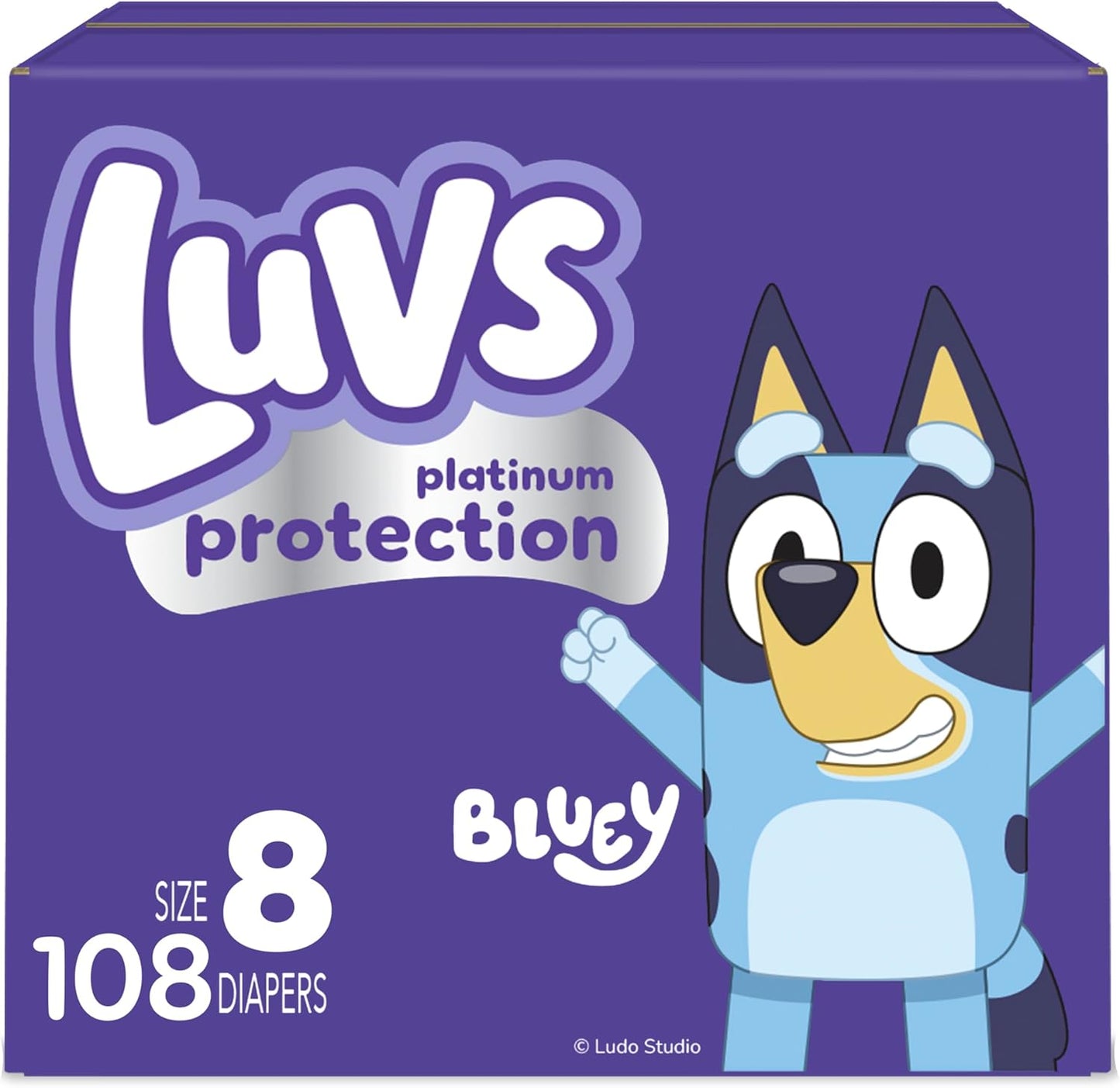 Luvs Size 8 Baby Diapers, Platinum Protection Bluey Diapers for Day & Night,Size 8, 108 Count