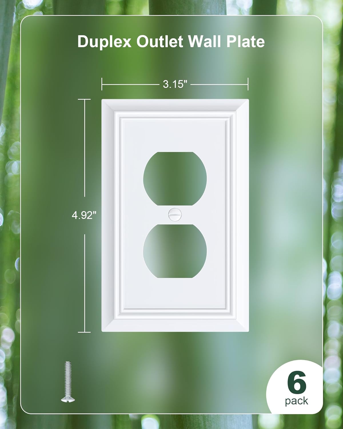 6-Pack Duplex Outlet Cover Plate, Decorative Pure White Switch Plates and Outlet Covers, Natural Bamboo Fiber Wall Plates for Electrical Outlets, 1 Gang Receptacle Cover, Corrosion Resistant