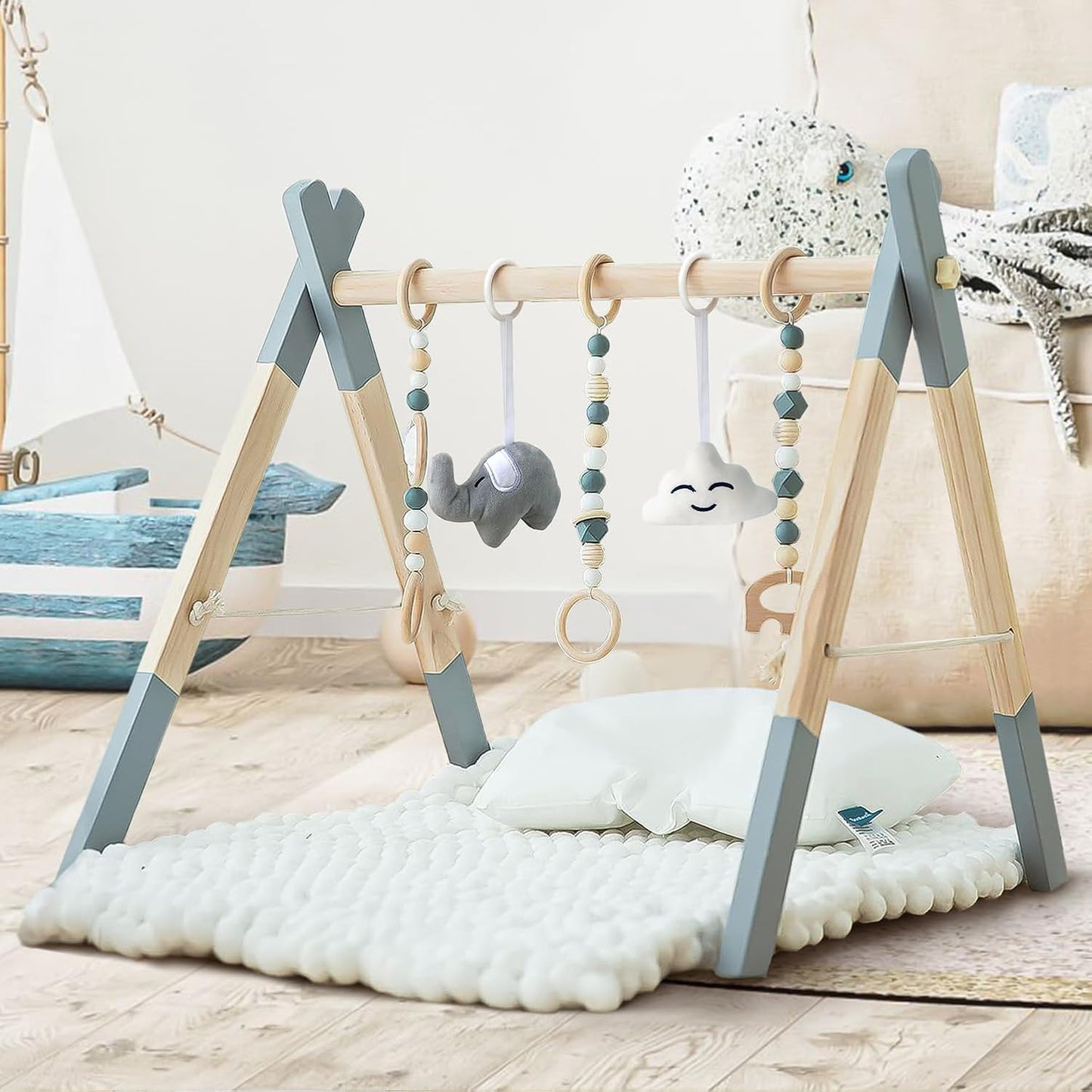 Wooden Foldable Baby Play Gym Frame Activity Hanging Bar With 5 Toys - Natural for Newborn (Grey)