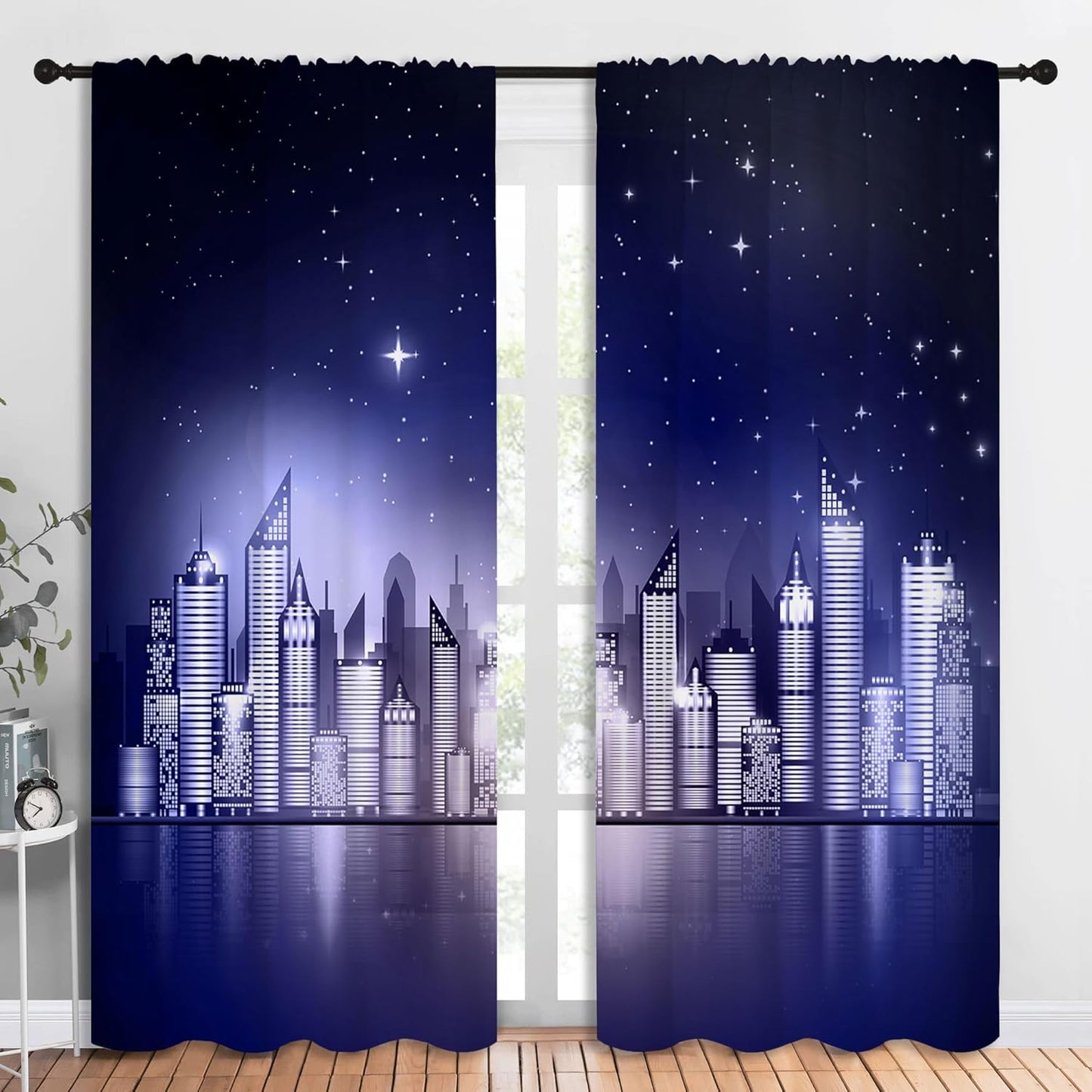 City Rod Pocket Blackout Curtains for Boy Girl Bedroom, New York Skyline Modern City Starry Sky Night View Home Energy Efficient Light Filtering Window Curtain for Living Room, 84x84 inch