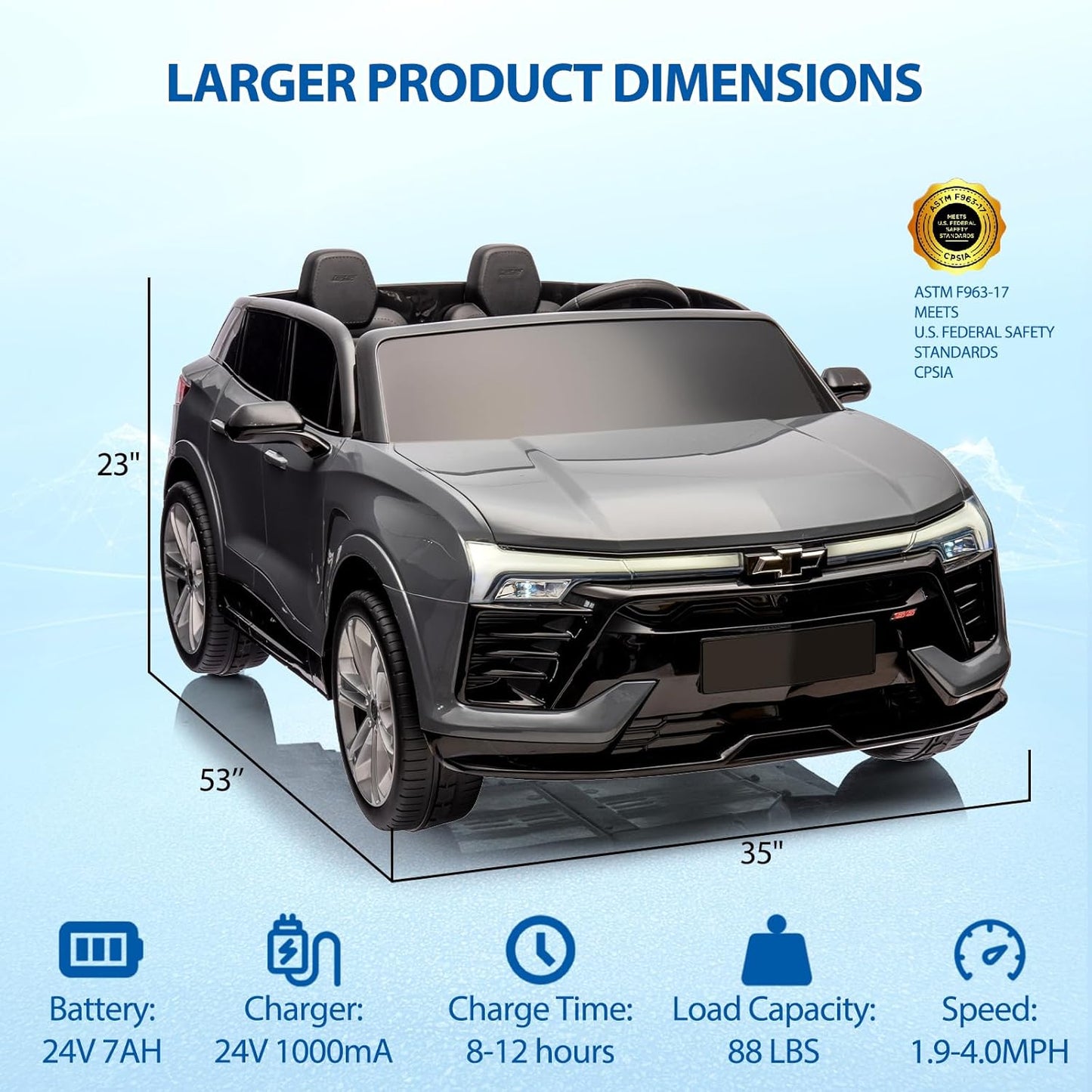 Hetoy 24V 2-Seater SUV Licensed Chevrolet Blazer Ride On Car Toy w/Parent Remote Control, 3 Speeds, Wireless Music, MP3 Player, Electric Car for Kids Ages 3-8, Grey
