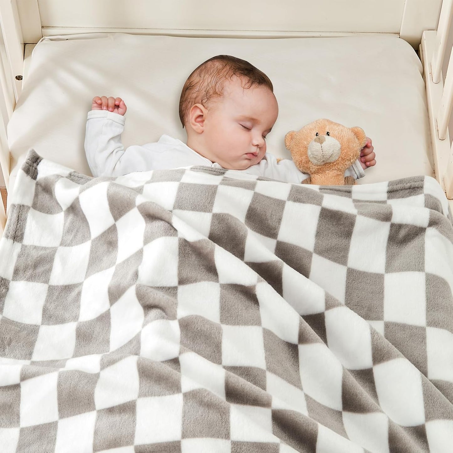 Yurhap Checkered Baby Blanket Fleece Baby Blankets Neutral for Boys Girls, Super Soft Warm Lightweight Infant Toddler Newborn Receiving Gifts for Crib Stroller, 30x40 Inch, Greige