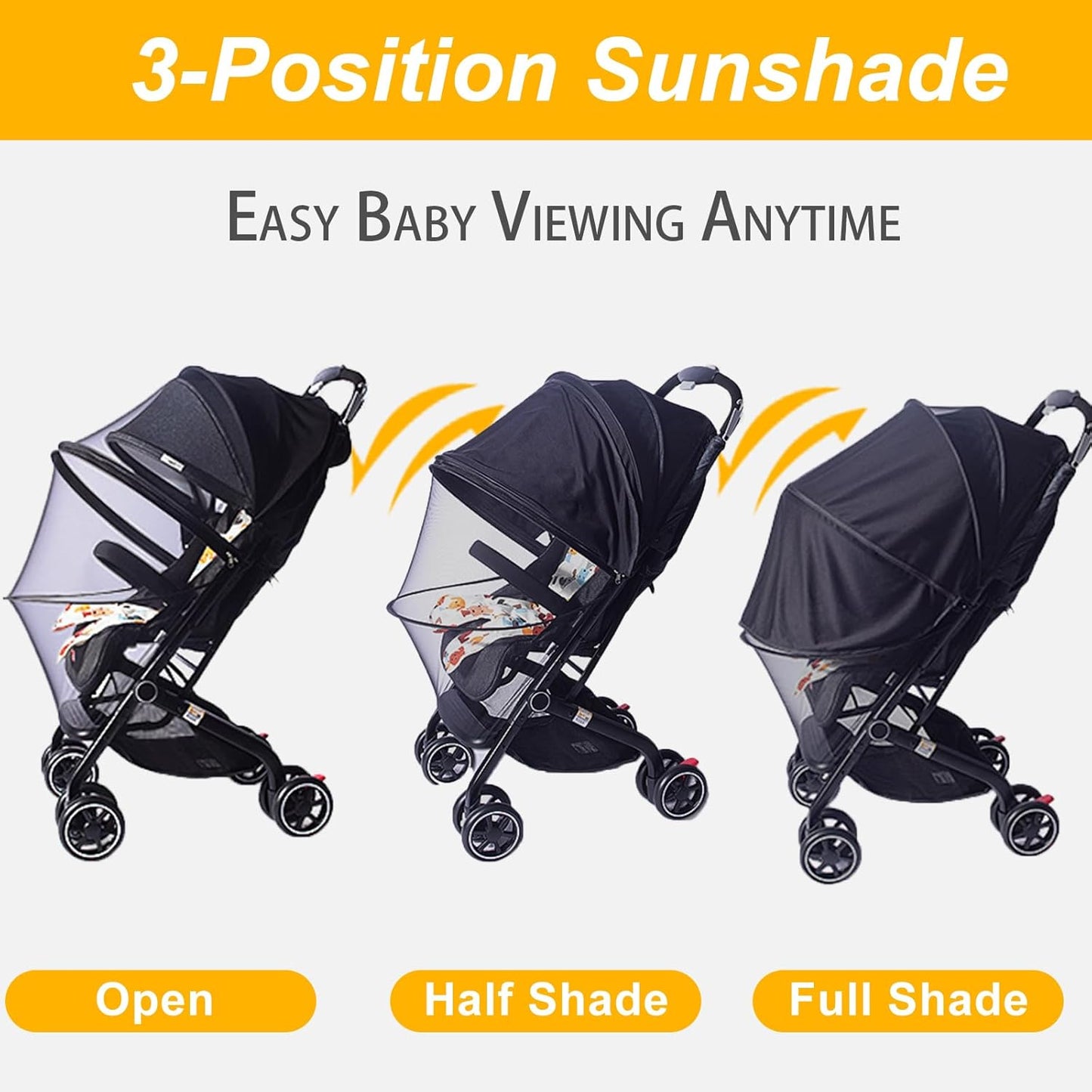 UPF50+ Sunshade Stroller Cover, Universal Breathable 3D Baby Mosquito Net, 2-in-1 Stroller Sun Shade with Two-Way Zipper, UV Protection, Privacy Netting for Stroller