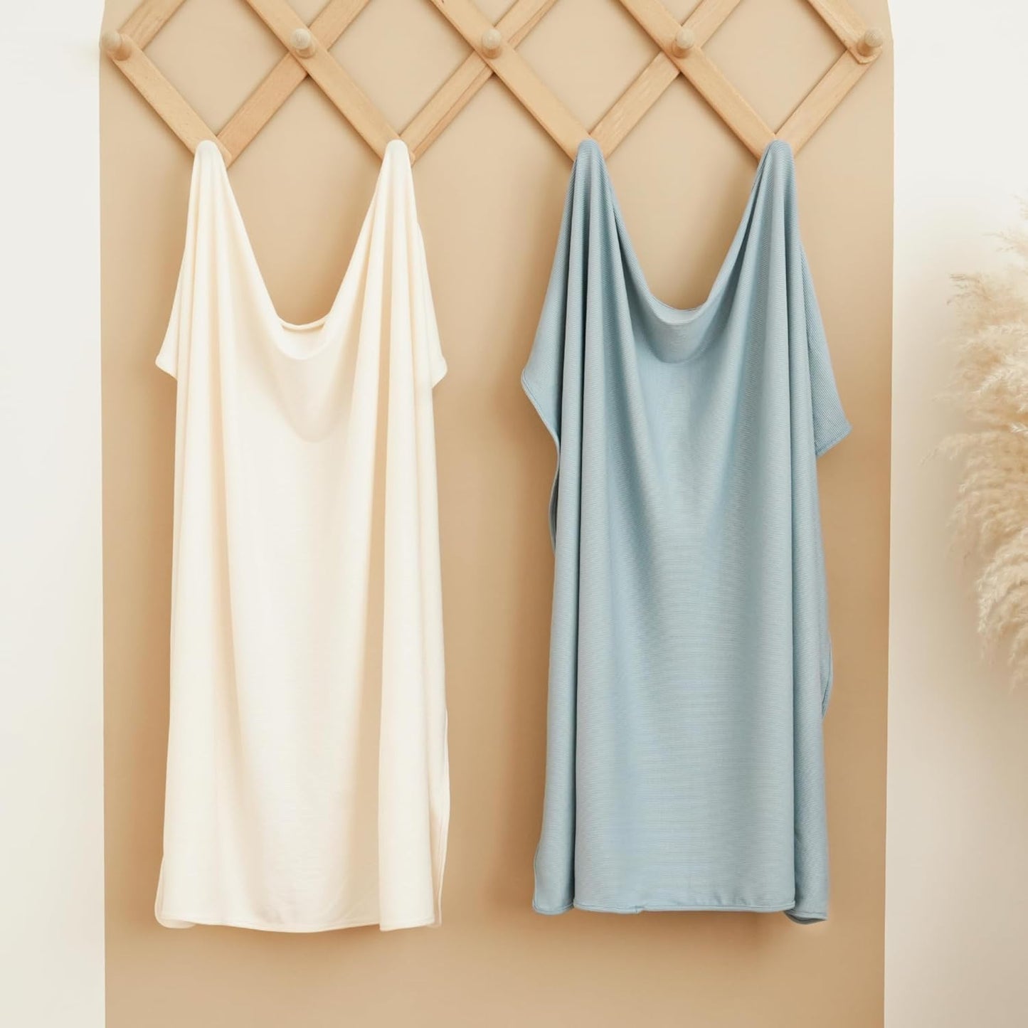 Konssy Knit Baby Blanket 2 Pack, Soft Ribbed Swaddle Receiving Blankets for Boys & Girls, Lightweight Cozy Swaddling Wrap for Newborns, Infants, & Toddlers, 33x42 Inch (Blue, Beige)