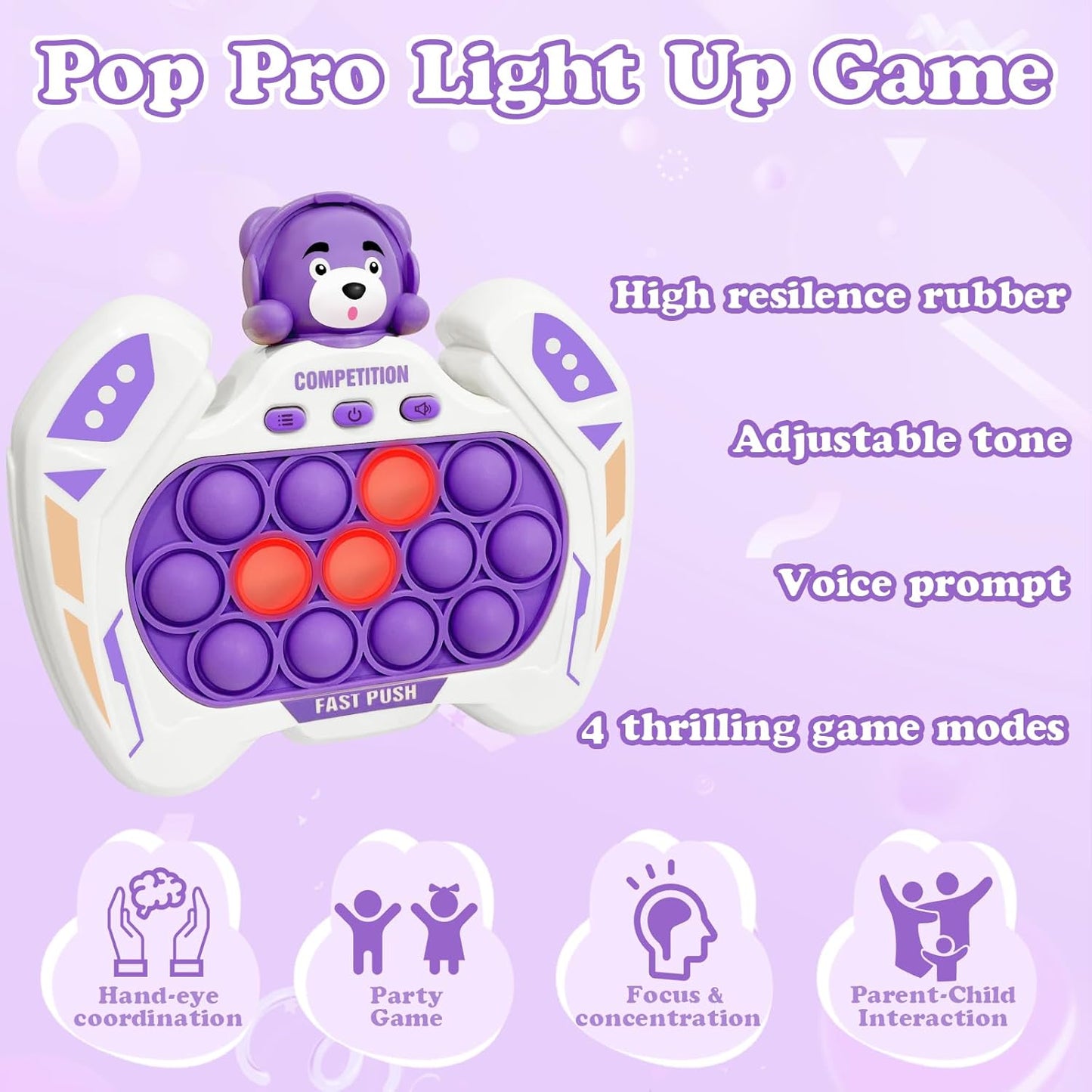 Fast Push Pop Pro Light Up Fidget Bubble Game Controller, Puzzle Pop Pro Game Fidget Toys Adults Handheld Bubble Pop Fidget Game Console Anti-Anxiety Autism Electronic Pop Game