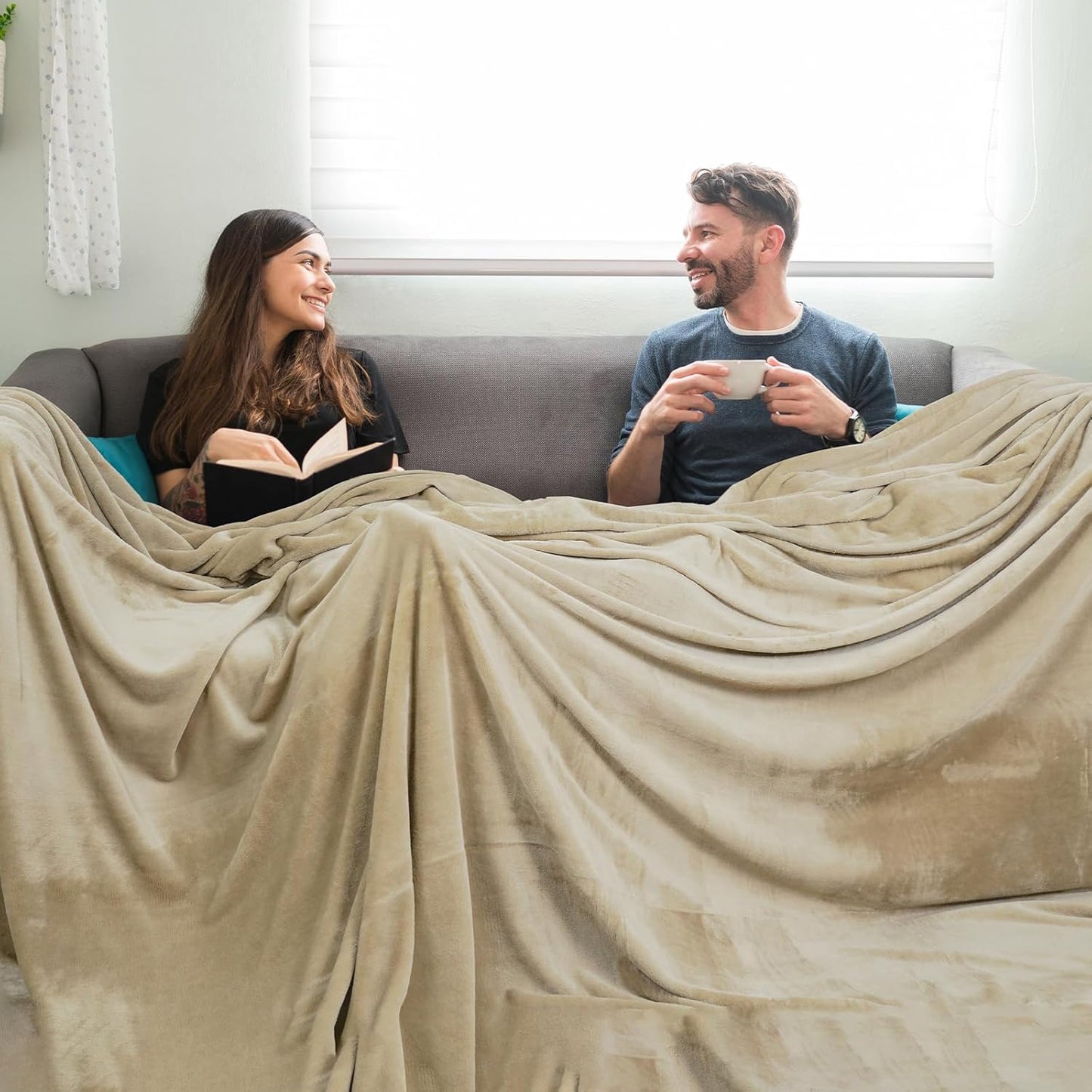 PHF Oversized King Fleece Blanket 120"x120", No Shed No Pilling Big Soft Blanket, Extra Large 10'x 10' Lightweight for Bed, Sofa Travel and Camping, Suitable for All Season, Khaki