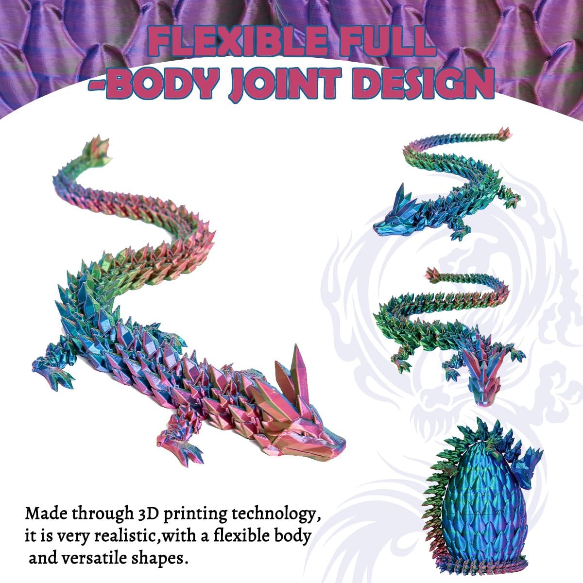 Dragon Eggs with Dragon Inside, 12In 3 Color Dazzle 3D Printed Dragon Egg Desktop Motion Toys, Executive Desk Articulated Dragon Toy, Home Office Decor