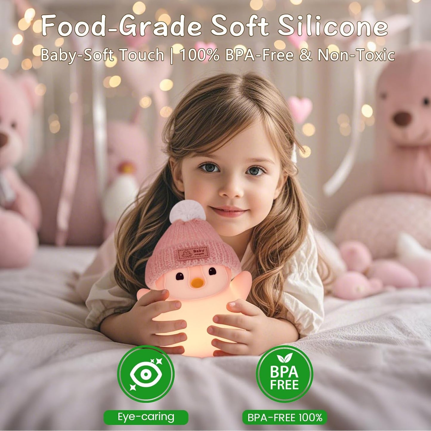 Penguin Night Light, Cute Pink Penguin Lamp with Knit Hat, Soft Silicone Nursery Nightlight for Baby, Rechargeable/Dimmable/Timer,LED Squishy Novelty Animal Bedside Lamp,Funny Gifts for Kids