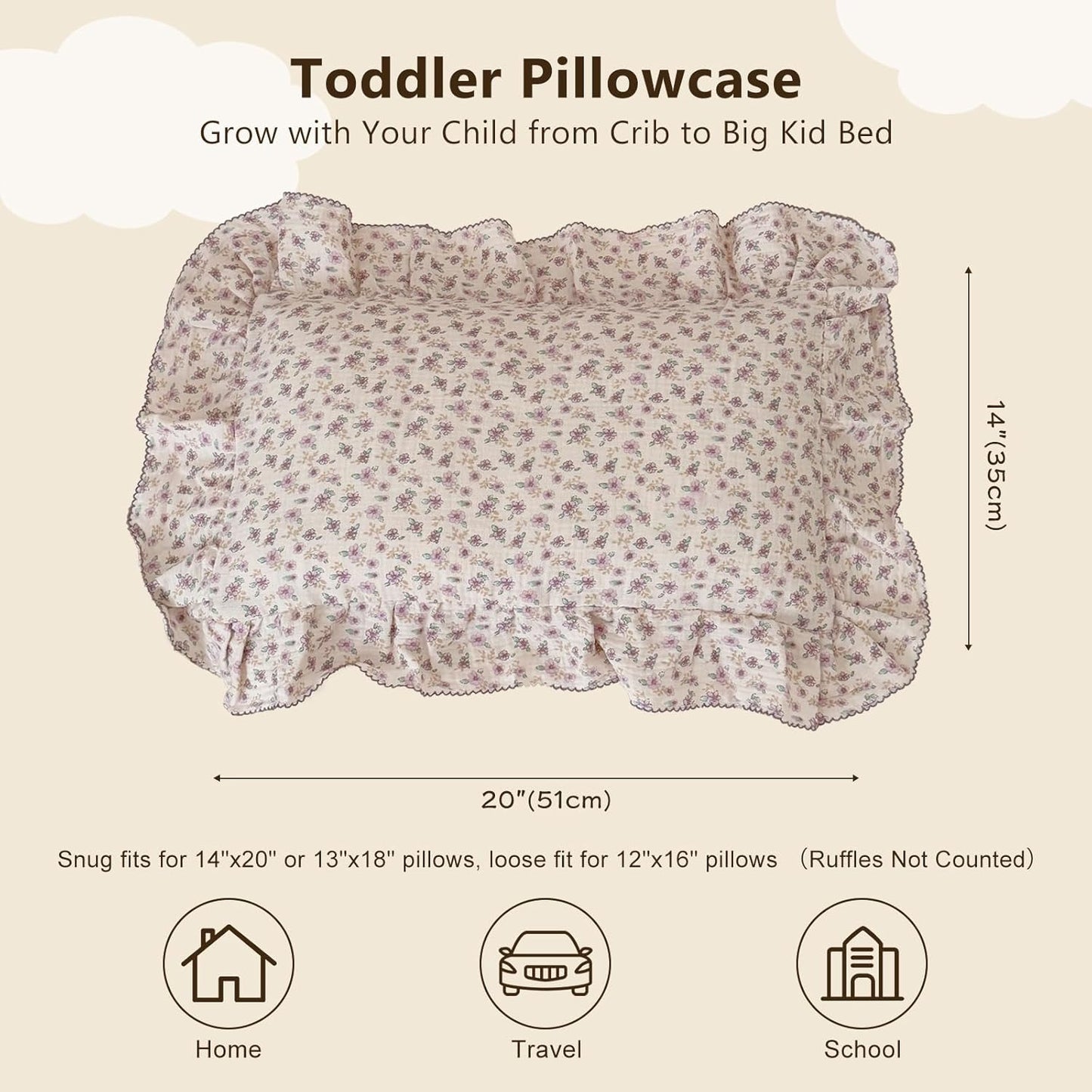 BuLuTu Purple Floral Muslin Cotton Toddler Pillowcases with Ruffles, 1 pc, 14"x20", Oeko-TEX Certified Gauze Muslin Pillow Cover for Girls Boys Crib Size Pillow Cases for All Seasons