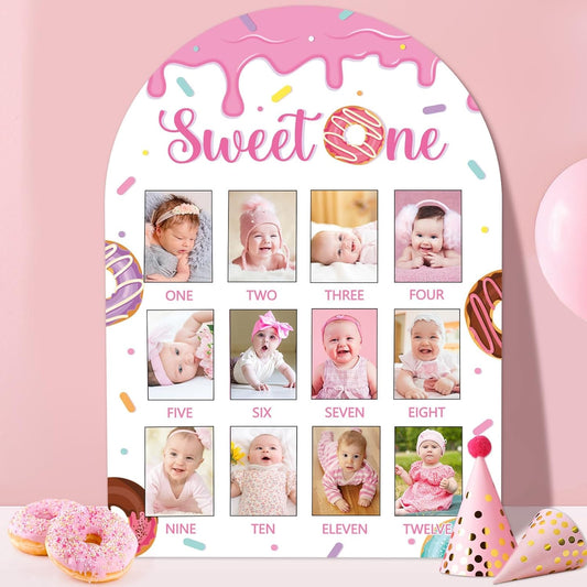 Sweet One First Year Photo Board Donuts Birthday Party Decorations Wooden Board 12 Monthly Milestone Picture Frame One Year Old Wood Sign 1st Birthday Photo Banner for Baby Girls Keepsake Gift Supply