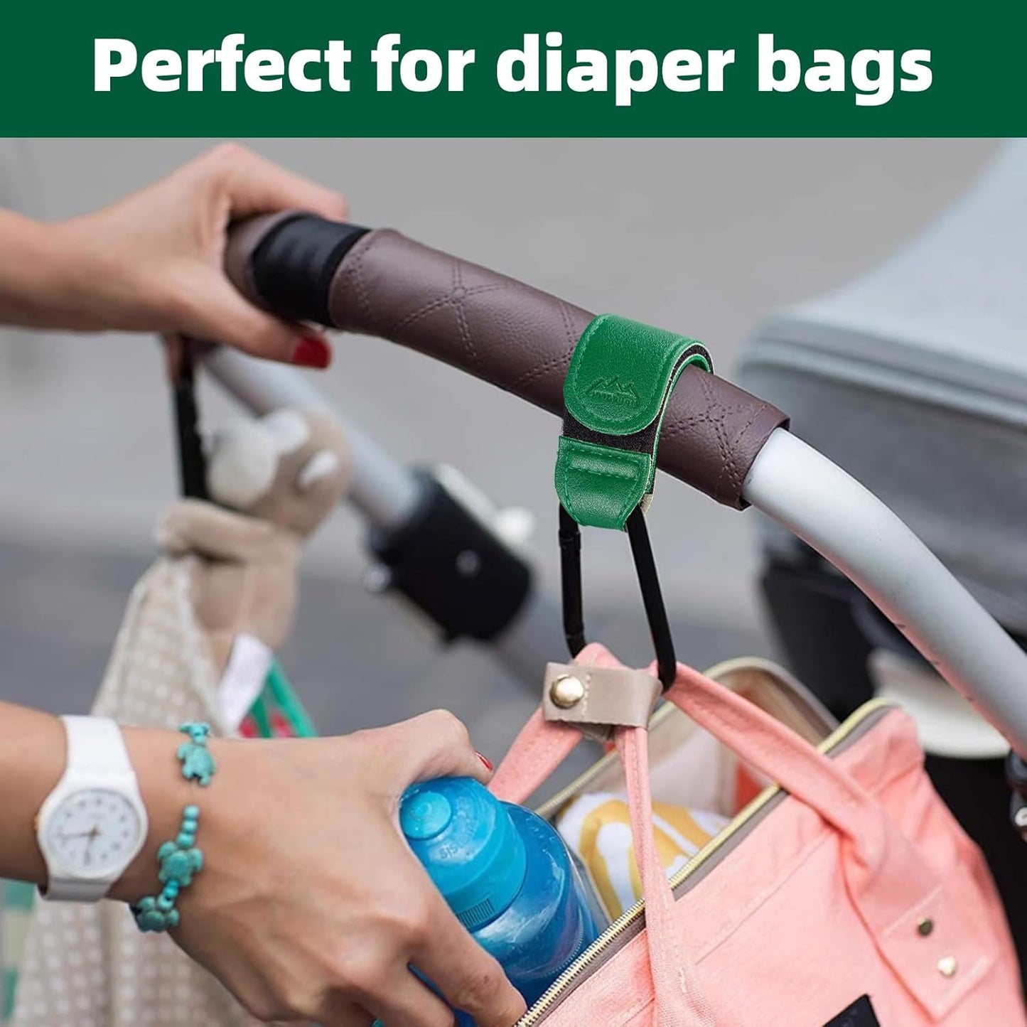 Baby Stroller Hooks Bag Hooks for Hanging Diaper Bags Multipurpose Hooks for Grocery Shopping Bags Premium Vegan Leather Pram Straps 2 Pcs (Green)