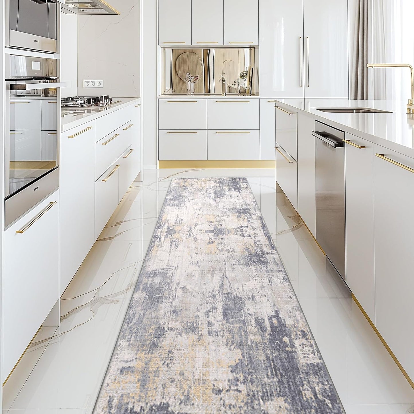 Washable Area Rugs 2'x10' Non-Slip Modern Abstract Soft for Living Room Entryway Bedroom Nursery, Print Pattern, Purple Grey Cream Yellow