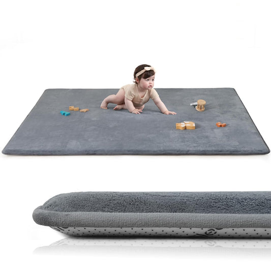 Baby Play Mat for Floor,Extra Large 79"×118" Tummy Time Mat,Thicker Memory Foam Mat for Toddler,Infant,Kids,Water Repellent Ultra Soft Coral Velvet,Non-Slip Backing Safe for Crawling(Dark Grey)