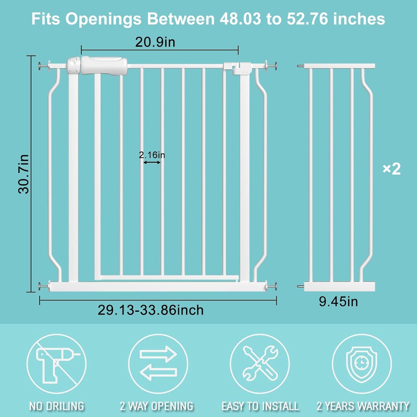WAOWAO Baby Gate 48.03-52.72" Extra Wide Pressure Mounted Walk Through Swing Auto Close Safety White Metal Toddler Kids Child Dog Pet Puppy for Stairs,Doorways,Kitchen