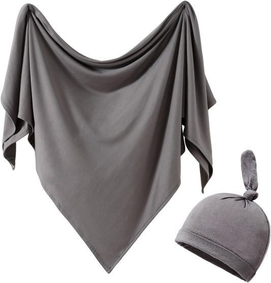 iEvolve Cotton Knitted Baby Swaddle Blanket with Hat Headband Set Newborn Swaddle Wrap Receiving Blankets for Baby Girl Boy 45" x 45"(Dark Grey)
