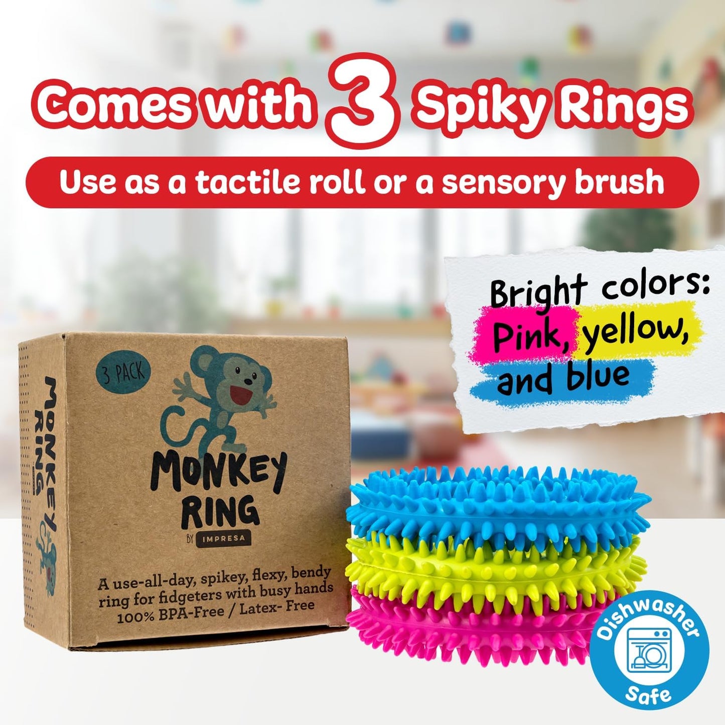 IMPRESA Spiky Sensory Rings from The Original Monkey Noodle - 3 Pack - Fidget Bracelet Toys for Kids with Unique Needs - Fosters Creativity, Focus, & Fun-Great for Classrooms, Home & Playtime Age 3+