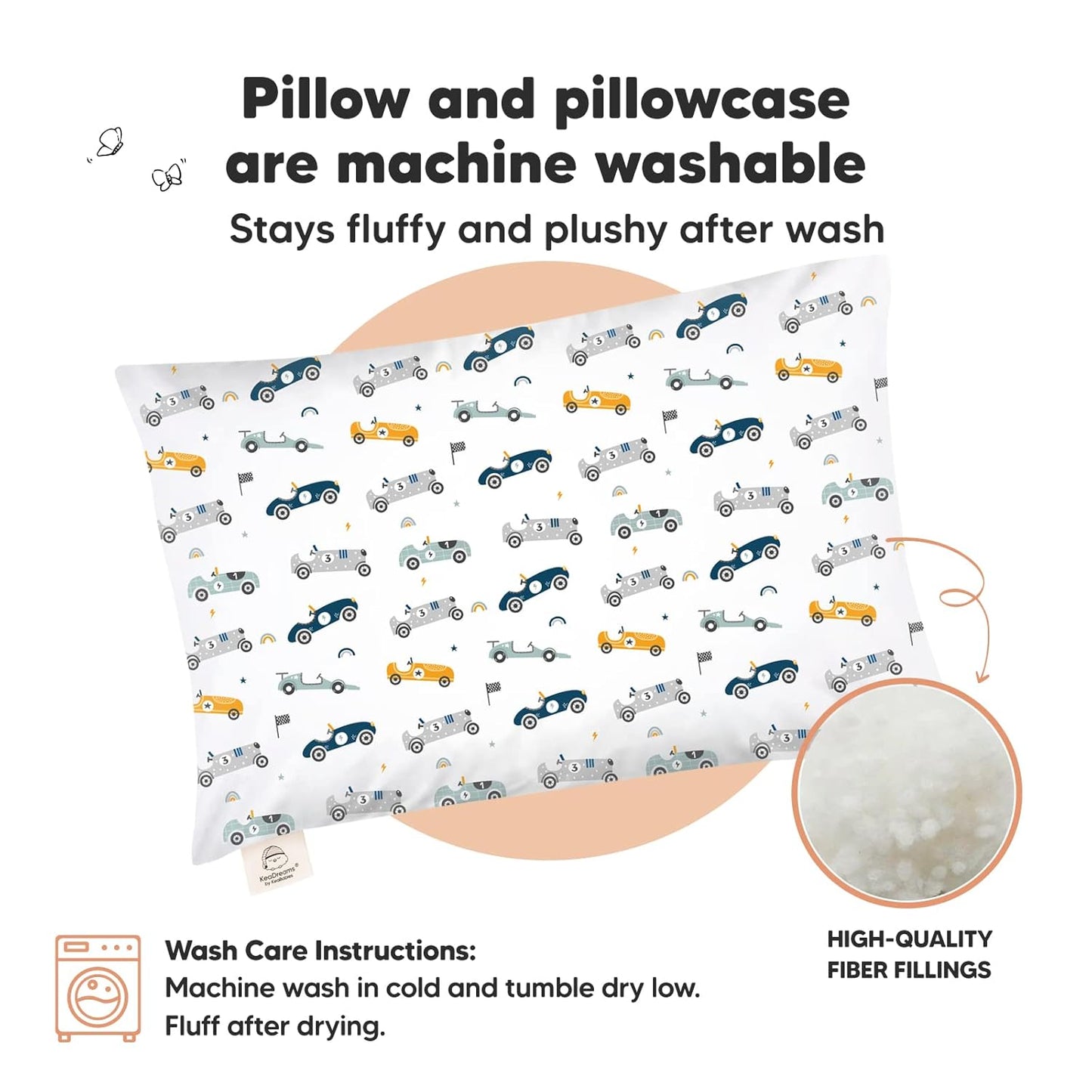 KeaBabies Toddler Pillow with Pillowcase, Jumbo 14X20 - Soft Organic Cotton Toddler Pillows for Sleeping - Machine Washable - Perfect for Travel, Toddler Bed Set (Racecars)