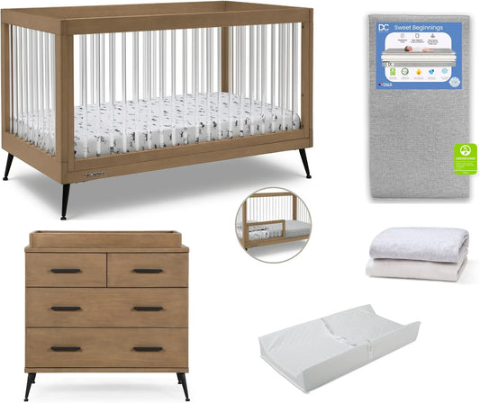 Delta Children Sloane 7-Piece Baby Nursery Furniture SetIncludes: Convertible Crib, Dresser, Changing Top, Crib Mattress, Fitted Sheets, Toddler Guardrail & Changing Pad, Acorn w/Matte Black