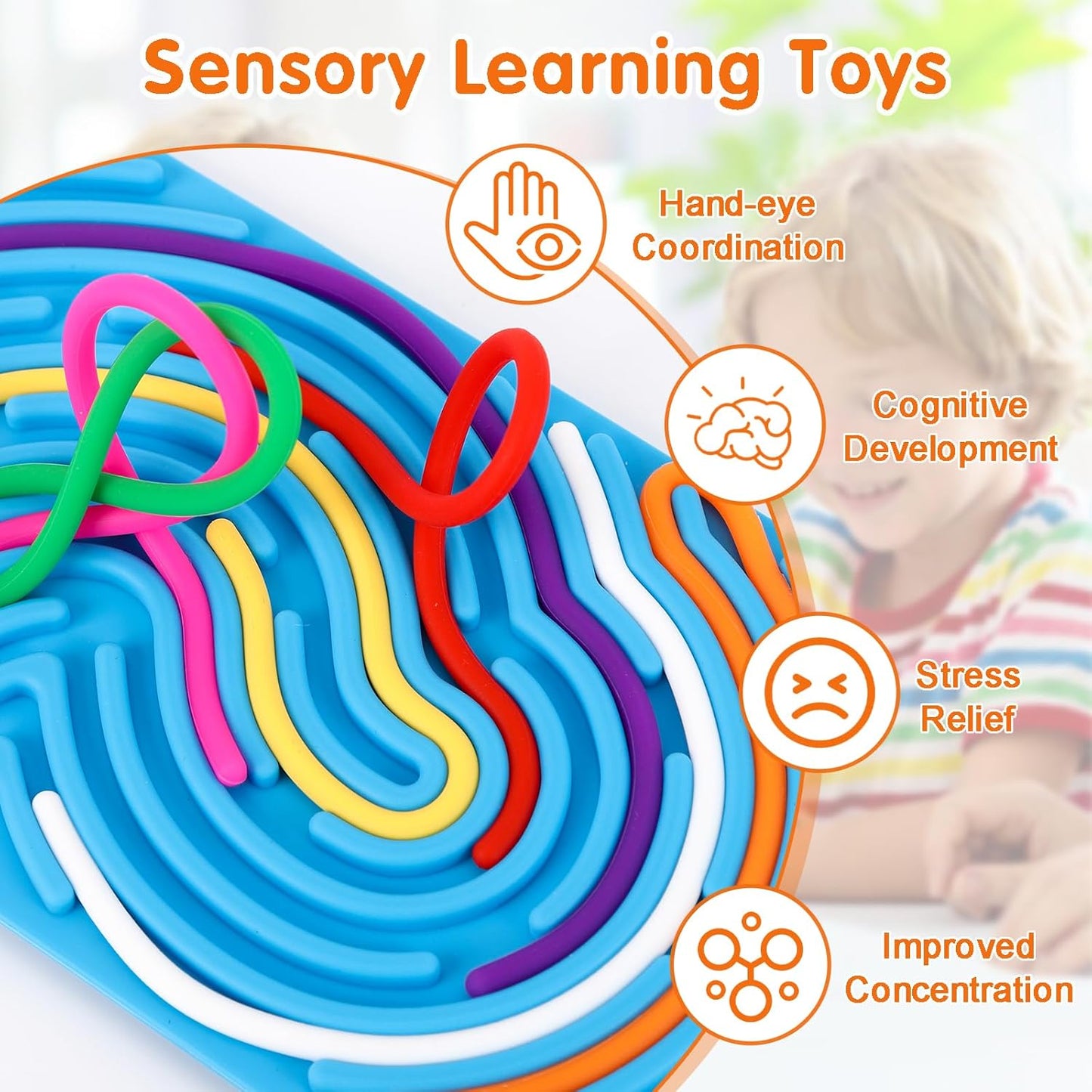 2psc Fidget Toys Sensory Activity Board with 20 Strings, Silicone Sensory Toys for ADHD Autism Stress Relief, Educational Learning Toys for Kids 3+ Years Old, Red & Blue
