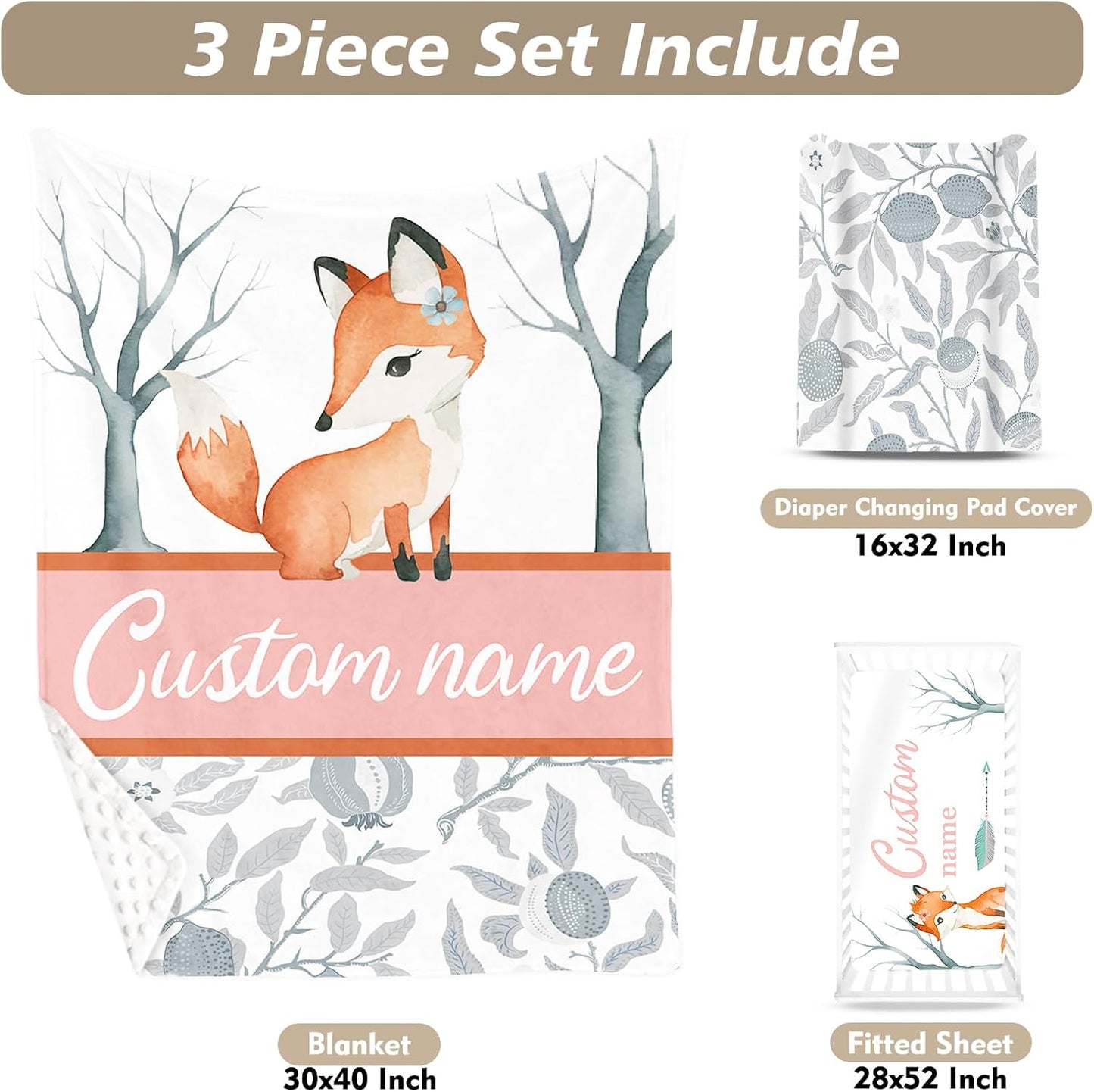 Custom Name Crib Bedding Set - Fox Theme, Personalized Nursery Bedding 3-Piece Set– Soft Blanket, Fitted Sheet, Changing Pad Cover – for Newborns Girls Nursery Gifts