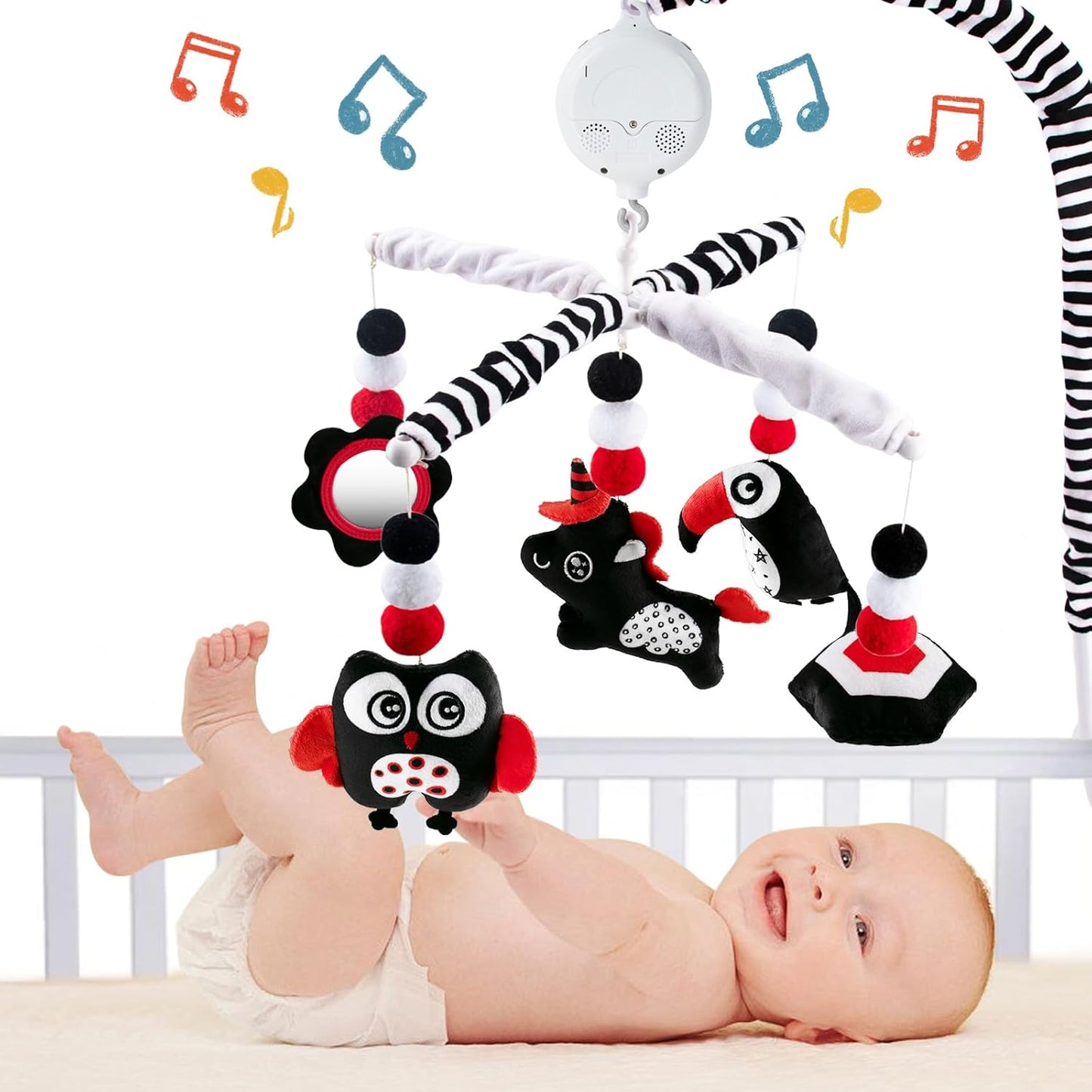 Montessori Mobile Baby for Crib,Black and White Baby Crib Mobile with Music for Boys & Girls,High Contrast Hanging Crib Toys, Newborn Visual Stimulation to Engage