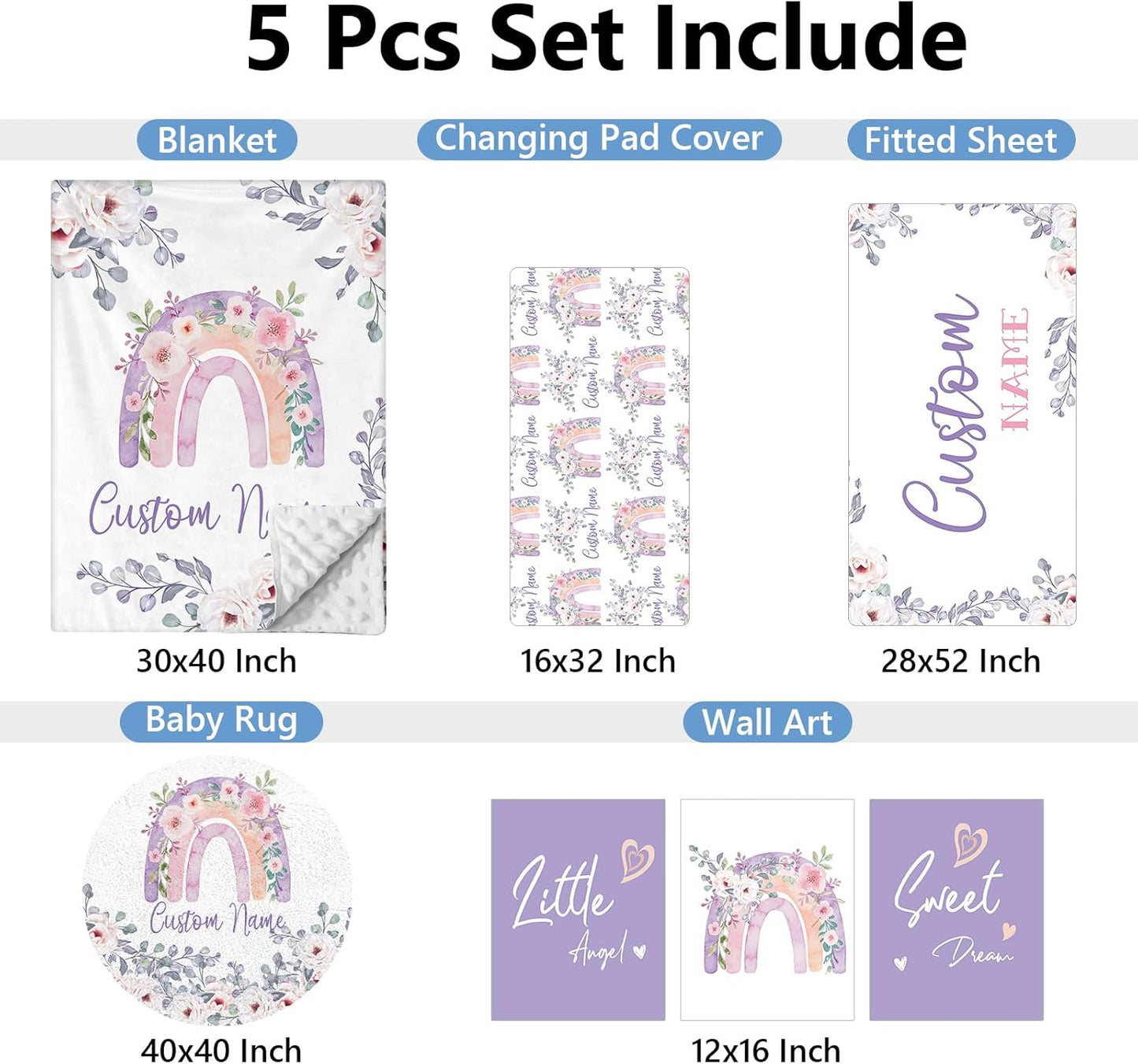 Personalized Baby Bedding Set, 5 Pcs Custom Baby Crib Set with Name, Soft Flannel Rainbow Crib Bedding Set for Girls, Double Layer Nursery Bedding Set, Infant Toddler Bedding Set Parents Gift